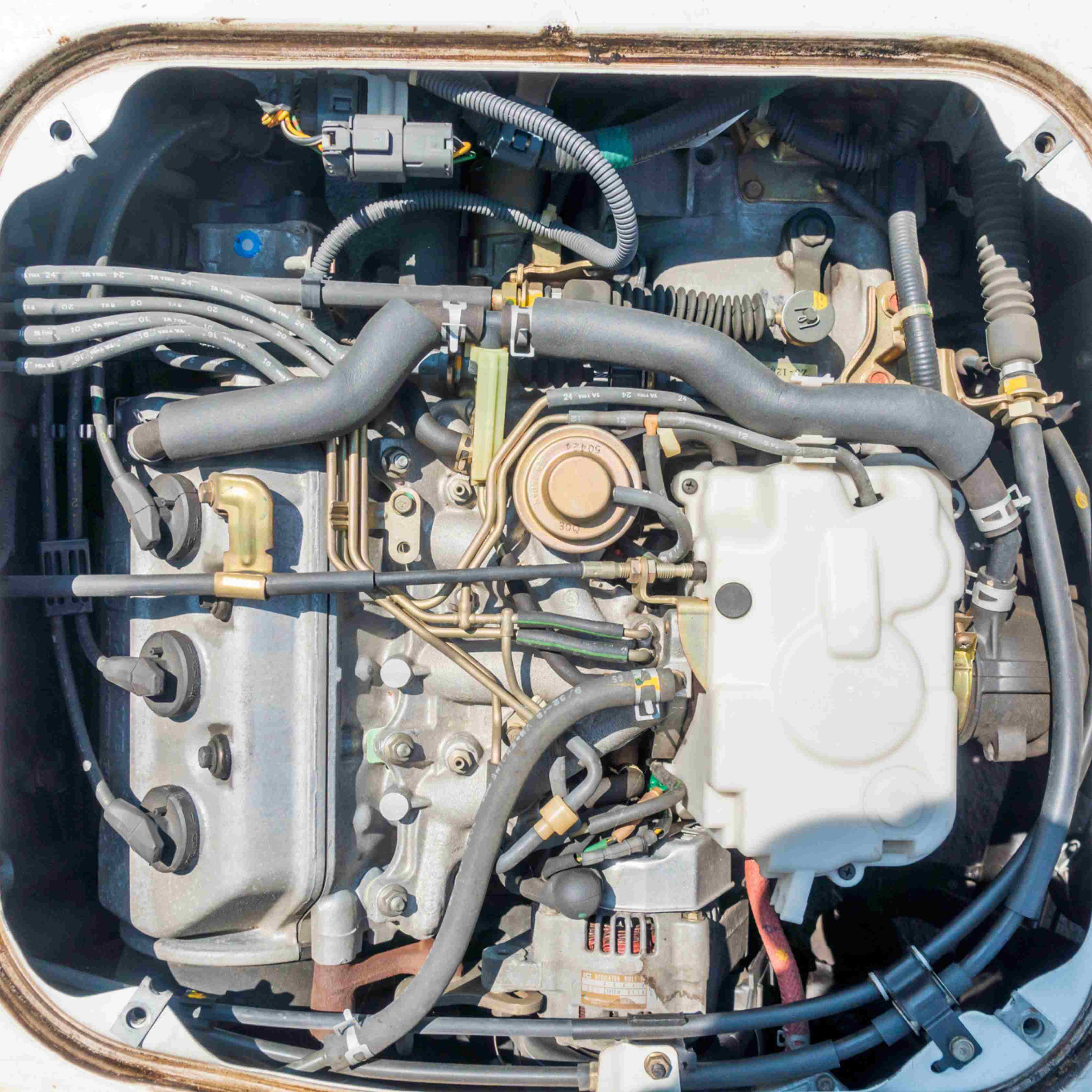 Detailed view of Honda Acty engine components for HA3, HA4 models from 1990-1999, showcasing OEM-quality exhaust manifold, water pump, and valve system available at Oiwa Garage.