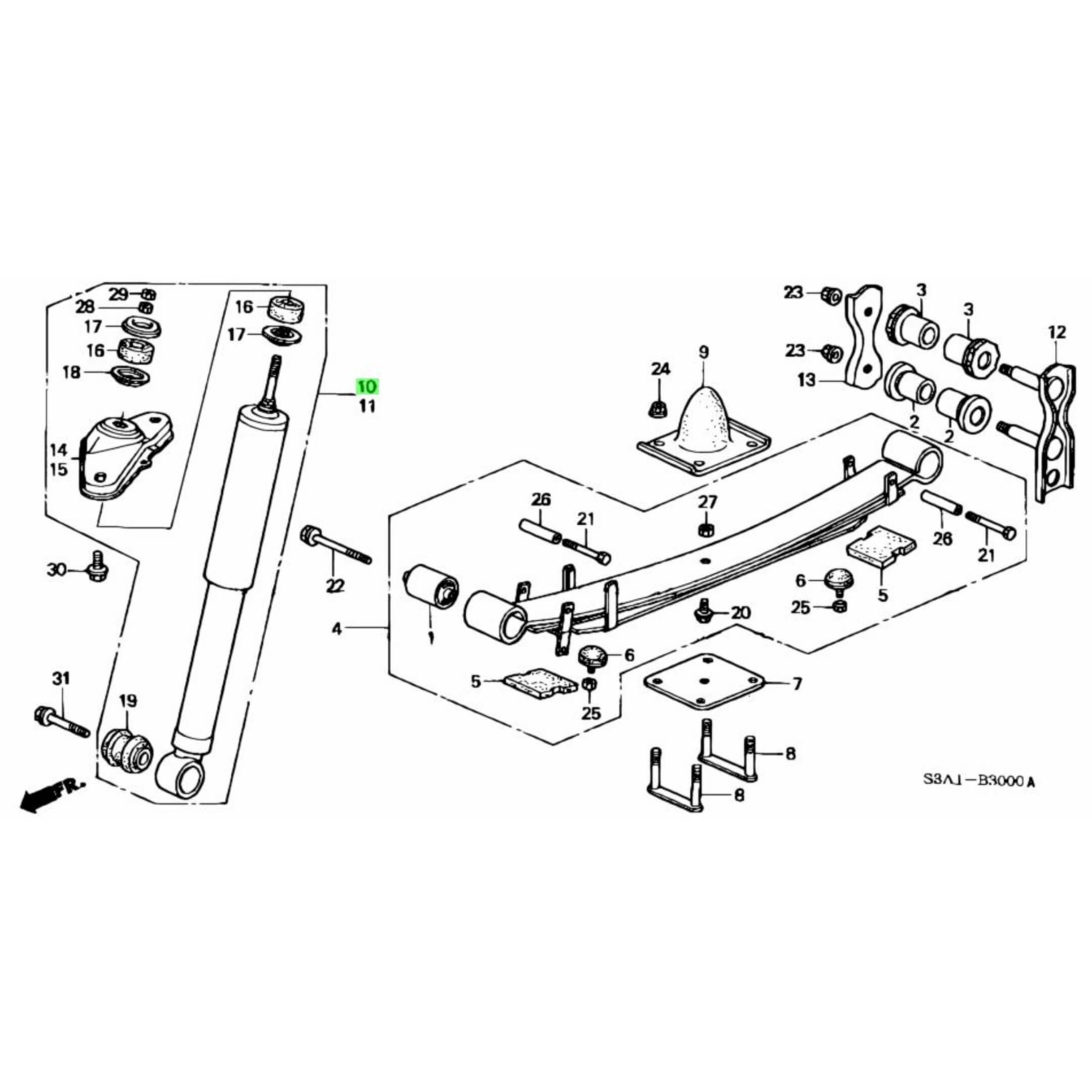 Technical diagram of Shock - Rear, Right for Honda Vamos Van HM1, HM2 Models (1999-2018), showcasing detailed parts and assembly layout.