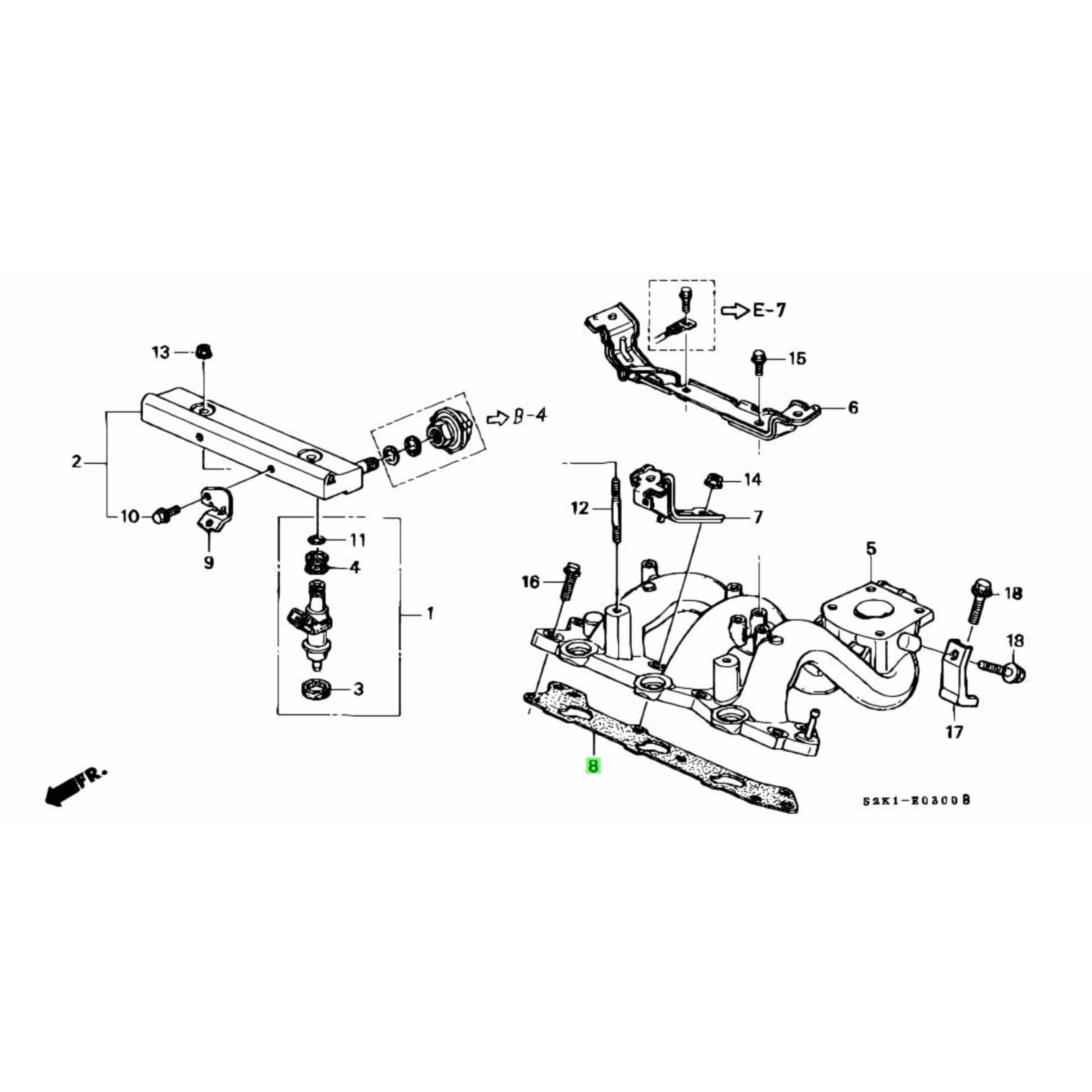 Technical diagram of Intake Manifold Gasket for Honda Acty Truck HA8, HA9 models (2009-2022), showcasing detailed parts layout.