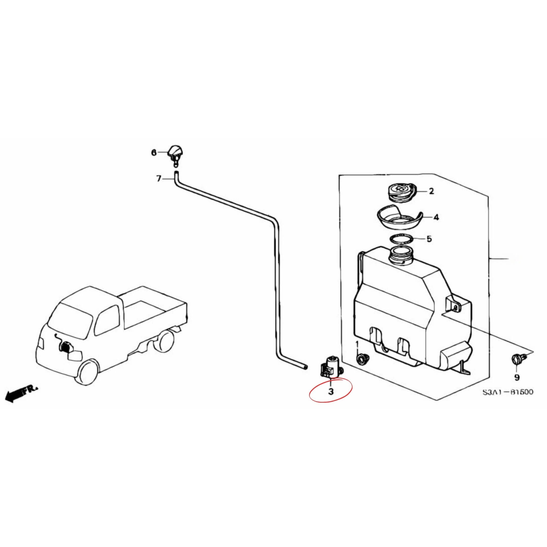 Technical diagram of the windshield washer pump motor for Honda Vamos Van HM1, HM2 models (1999-2018), highlighting part number 3 in the schematic.