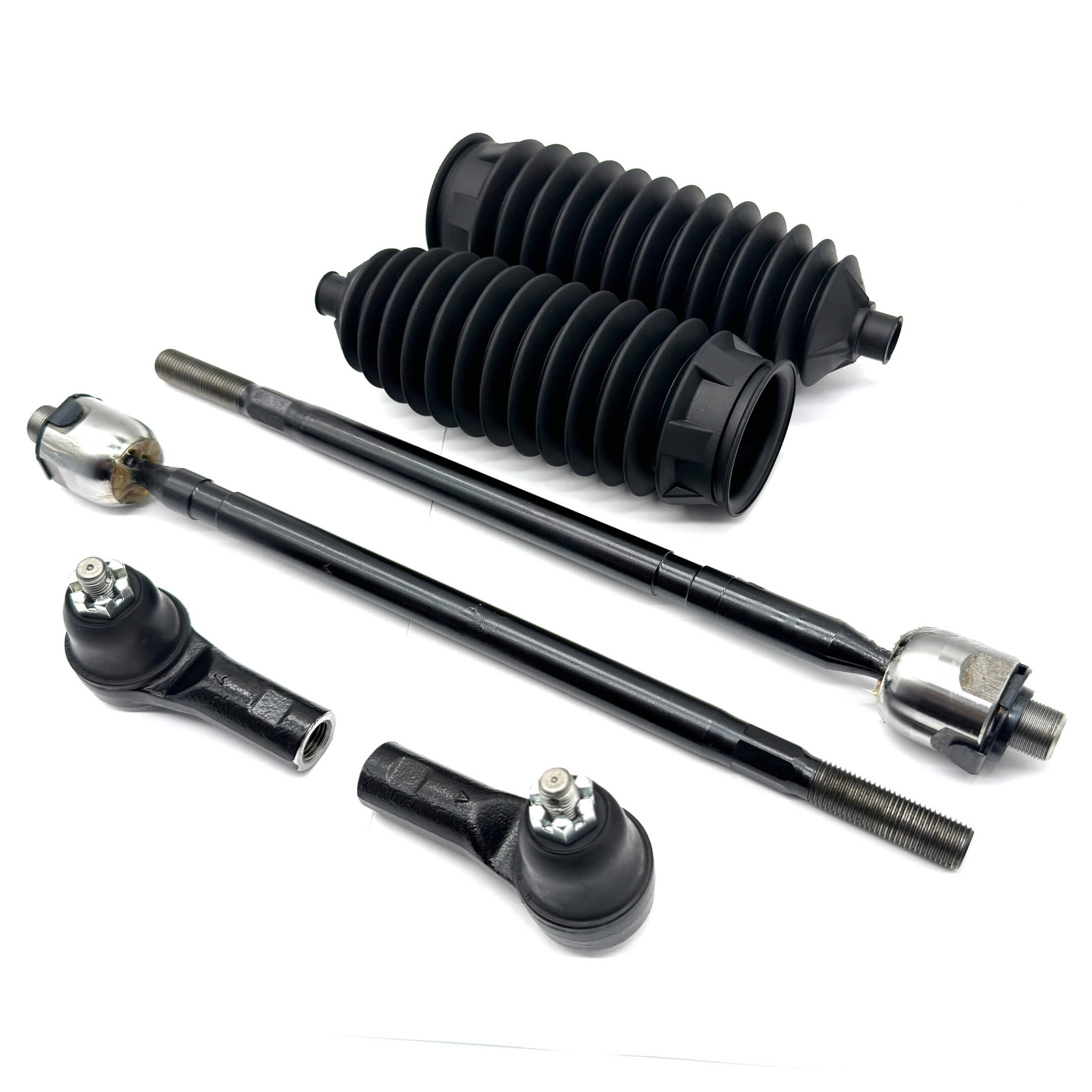 Steering Upgrade Kit - 6 Piece, featuring black inner and outer tie rods and steering rack boots for Honda Acty Truck HA8, HA9 models (2009-2022).