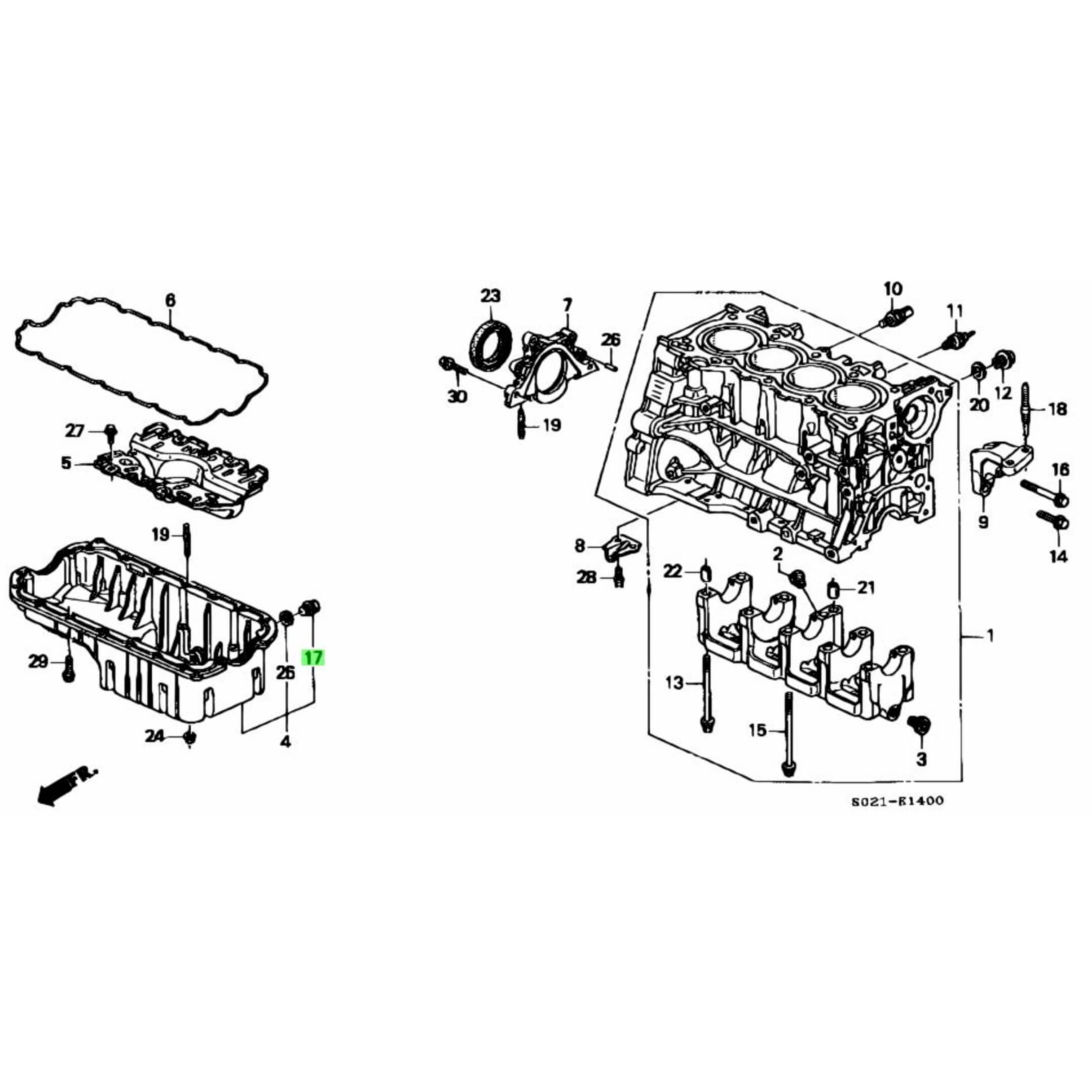 Technical diagram of Oil Drain Plug & Gasket Set for Honda Acty Van HH3, HH4 Models (1990-1999), showcasing detailed parts layout.
