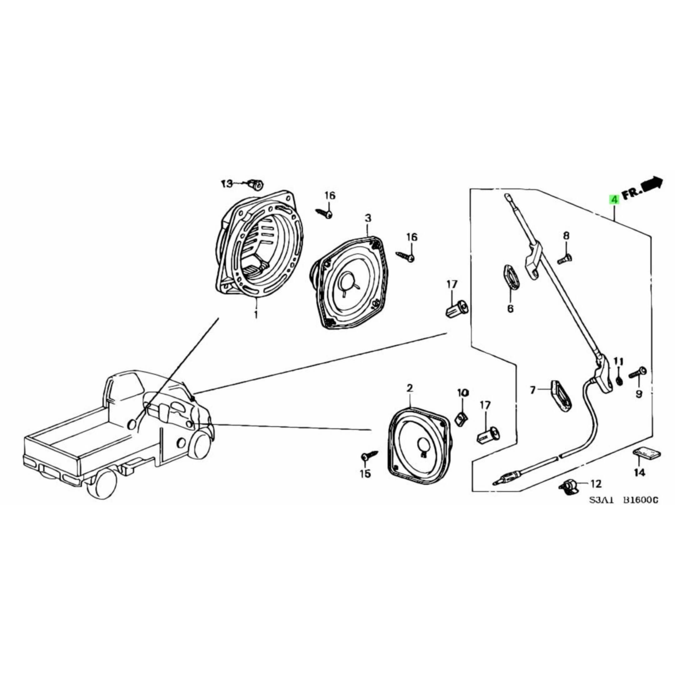 Technical diagram of Antenna for Honda Acty Truck HA8, HA9 Models (2009-2022), showcasing parts and assembly details.