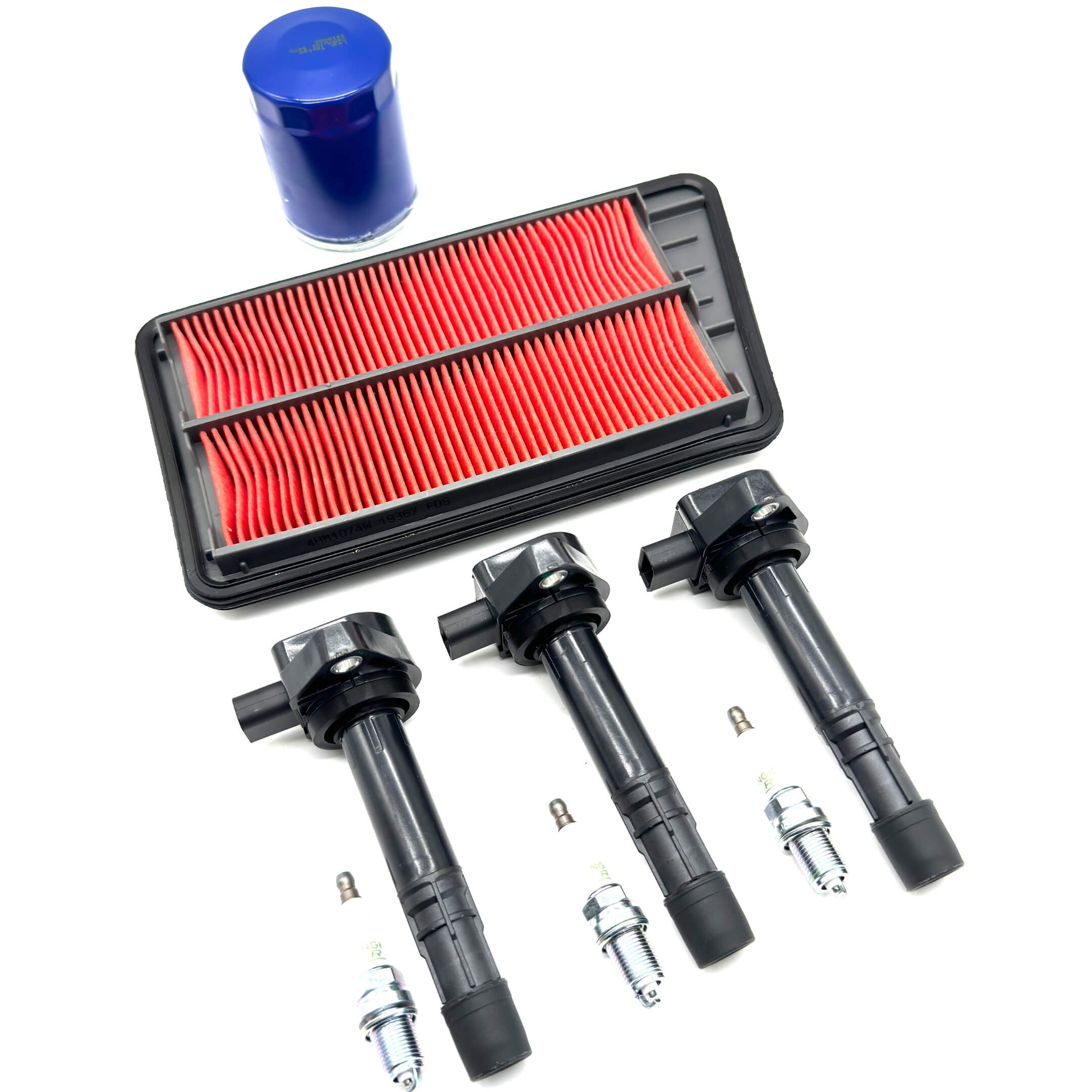 Filter & Ignition Set for Honda Acty Truck HA8, HA9 Models 2009-2022 featuring red air filter, blue oil filter, ignition coils, and spark plugs.