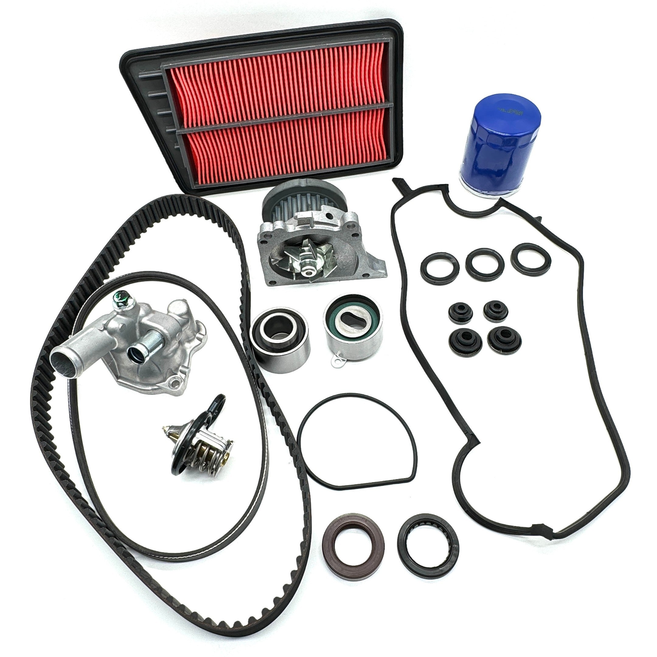 Timing Belt Kit - 19 Piece for Honda Acty Truck HA8, HA9 Models (2009-2022), featuring essential components like a red air filter, blue oil filter, and black gaskets.
