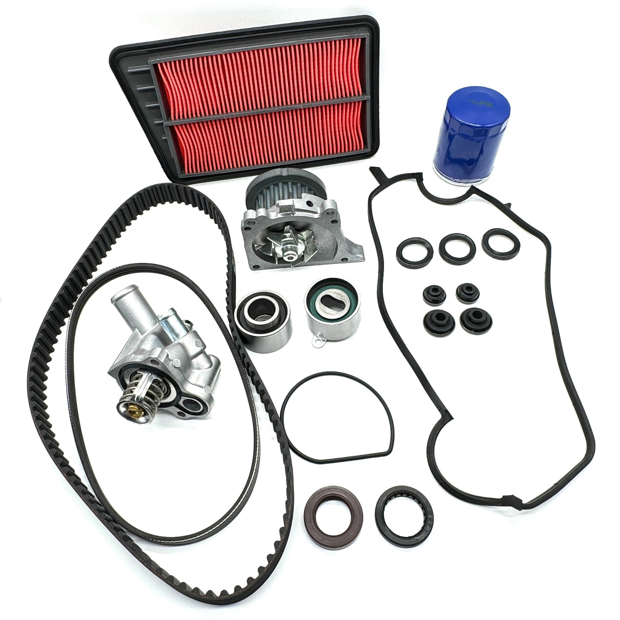 Timing Belt Kit for Honda Acty Truck HA8, HA9 Models (2009-2022) featuring 19 pieces including a black timing belt, red air filter, and blue oil filter.