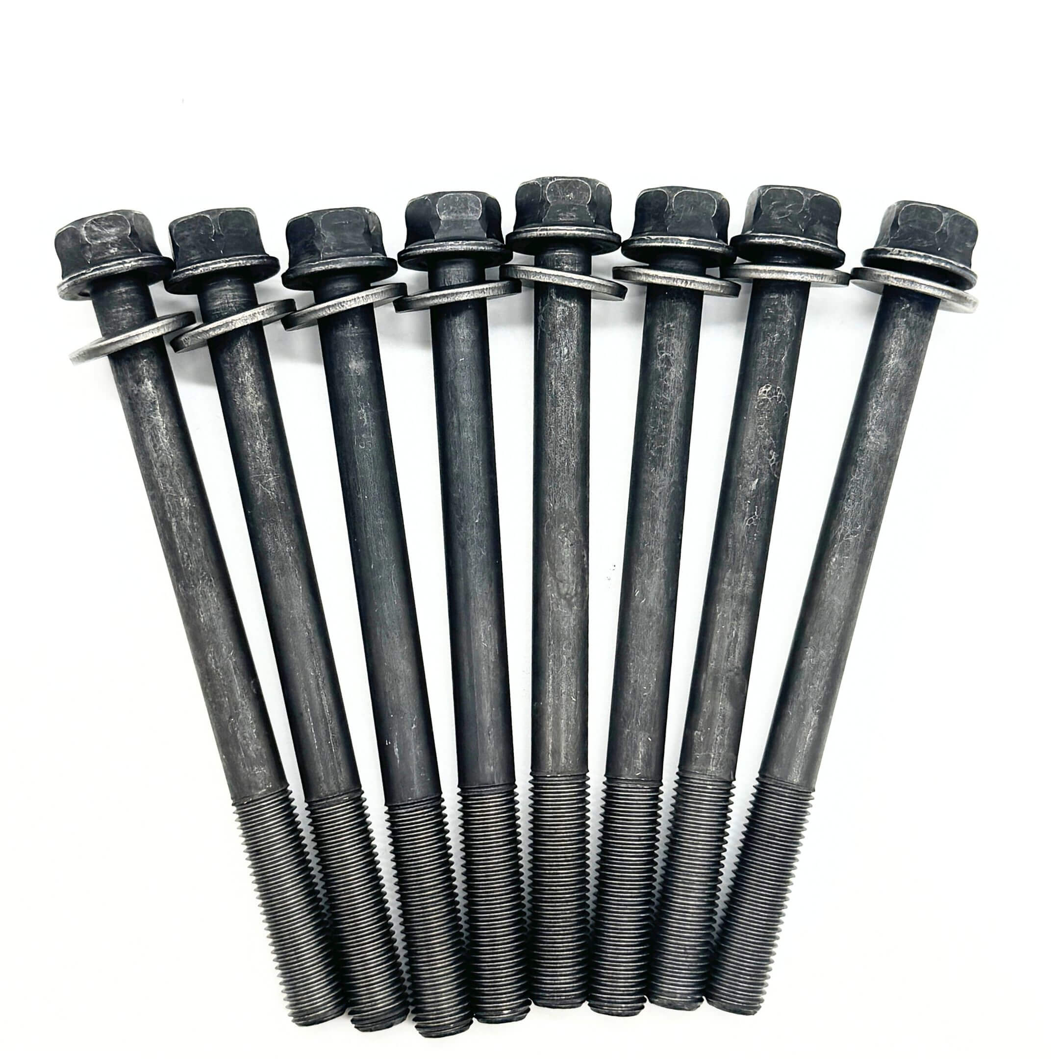 Set of eight black cylinder head bolts with washers for Honda Acty Van HH3, HH4 models from 1990-1999, designed for secure engine assembly.