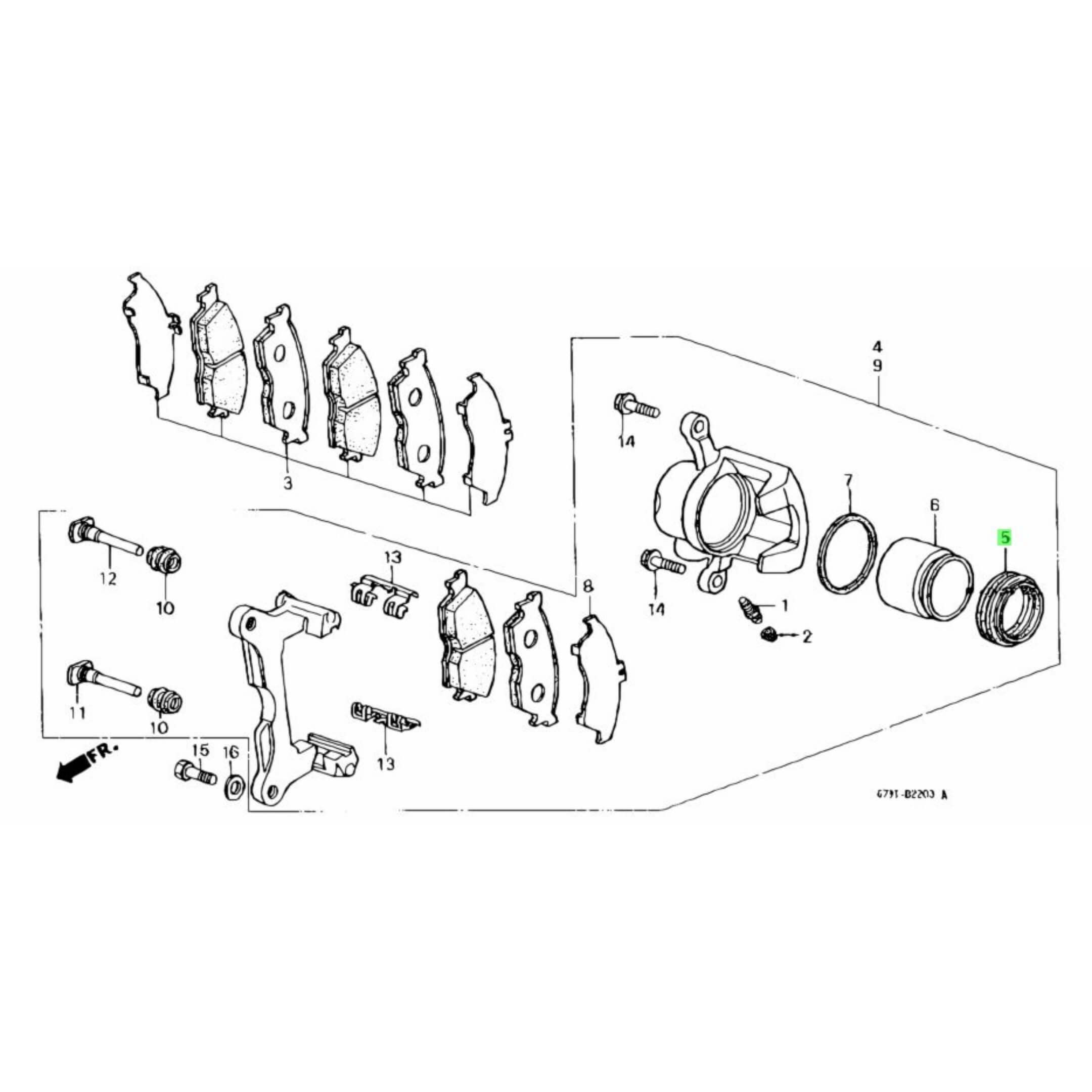 Diagram of Honda Acty HA3, HA4 brake caliper assembly showing the outer seal's location.