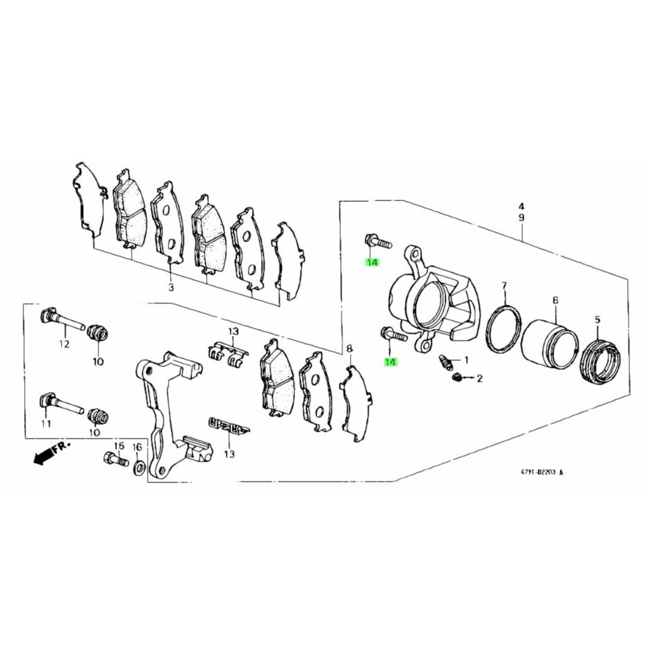 Diagram showing Brake Caliper Flange Bolt location for Honda Acty Van HH3 HH4 models (1990-1999).