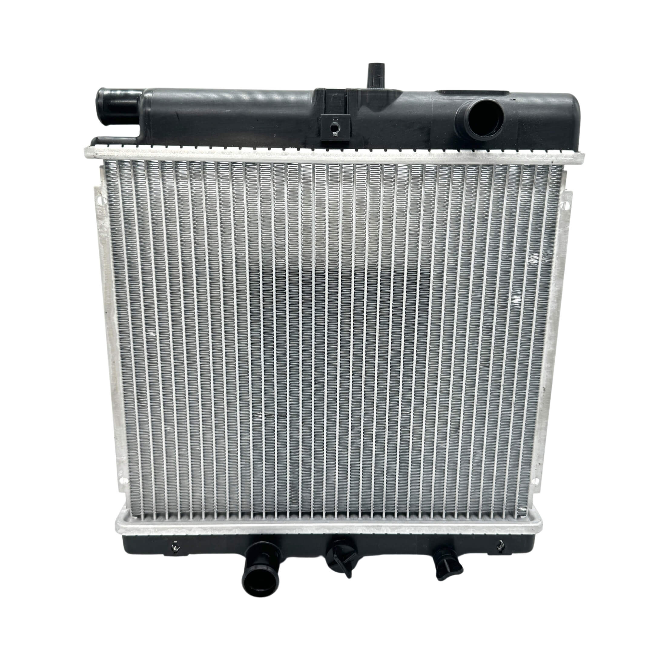 Rear perspective of a gently used radiator assembly for Honda Acty HA3, HA4 models, highlighting the intact connectors and tubing.