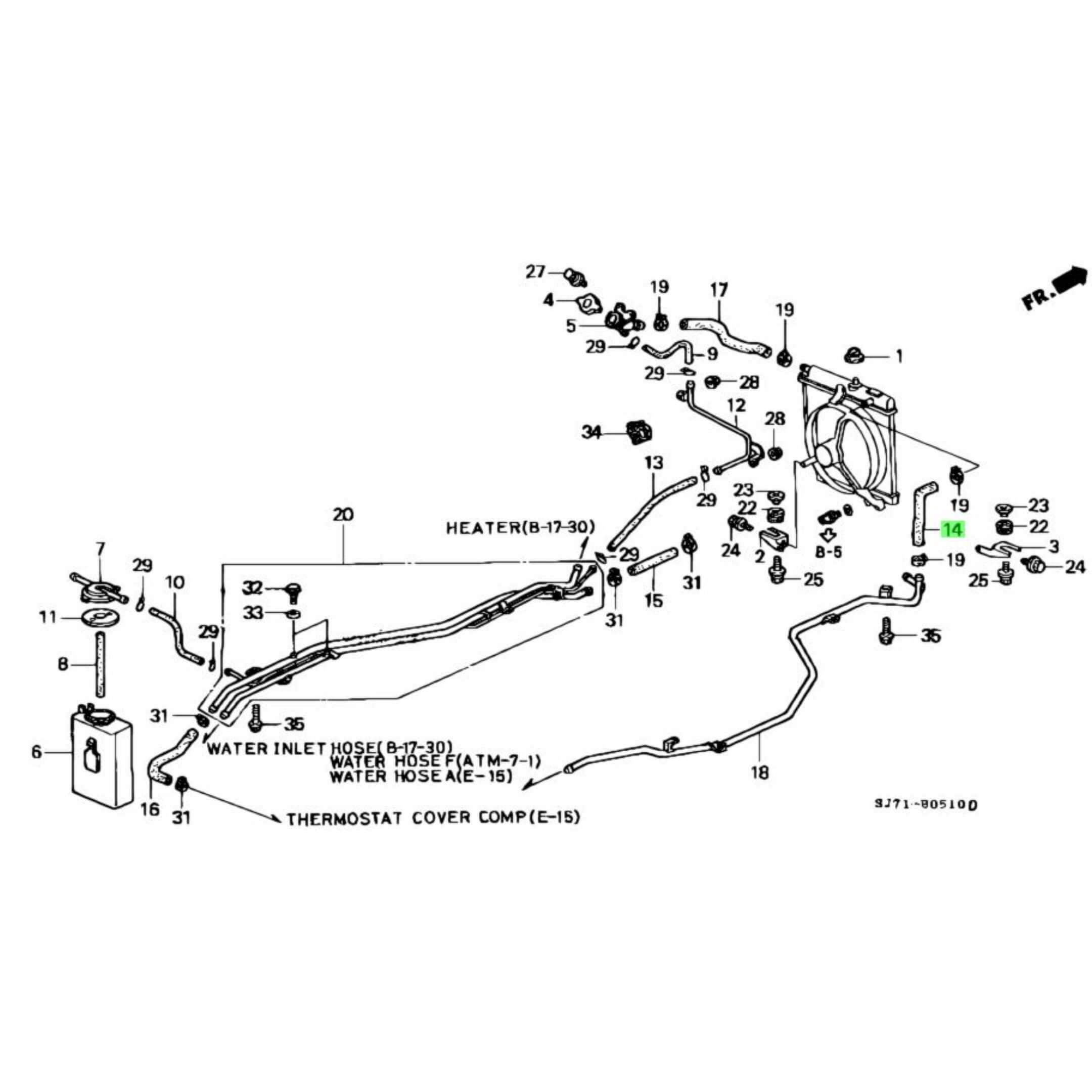 Radiator Hose B detailed placement in the Honda Acty cooling system diagram for models HA3, HA4 (1990-1999).