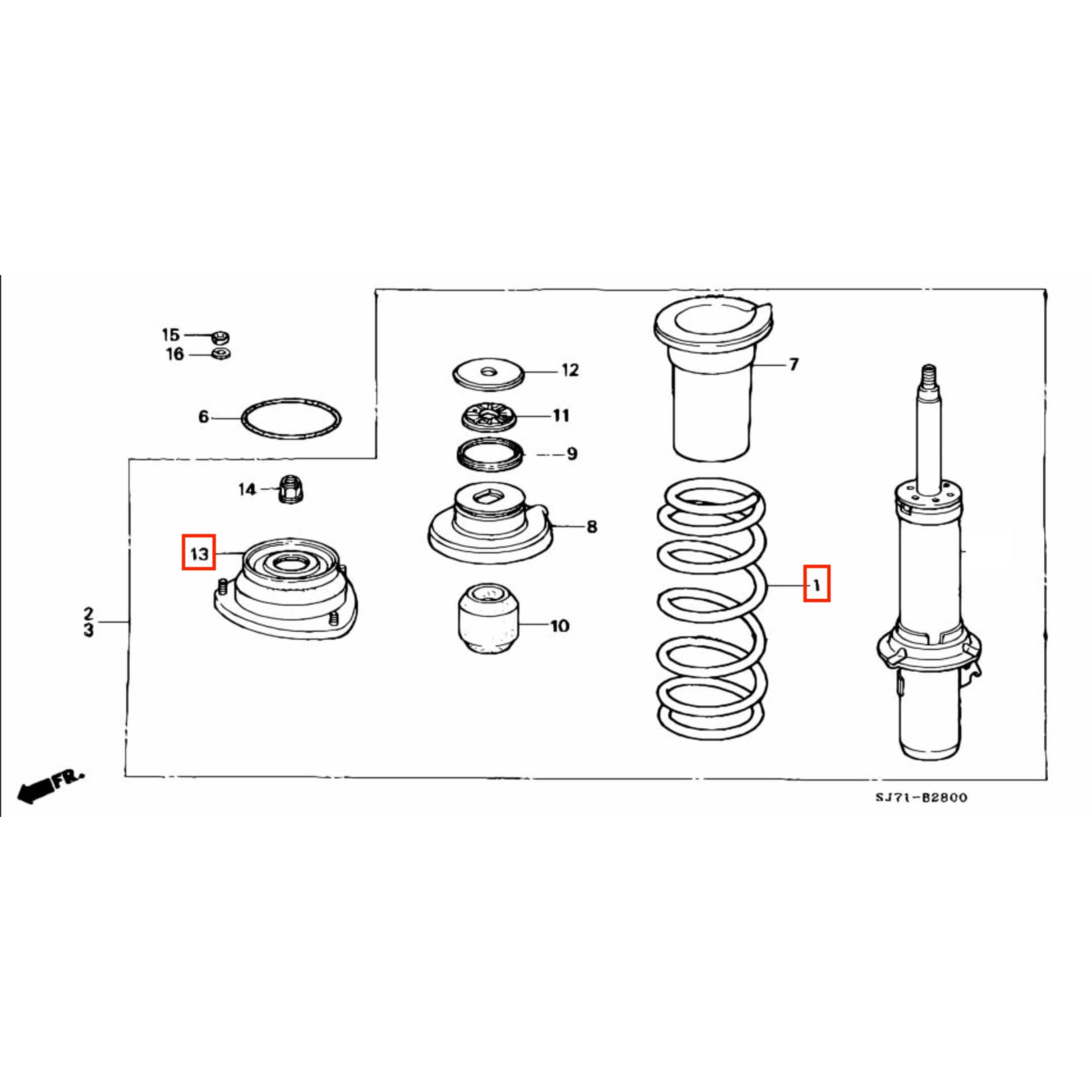 Exploded view diagram of Honda Acty Van front suspension components including springs, shock absorbers, and bushings for 1990-1999 models.