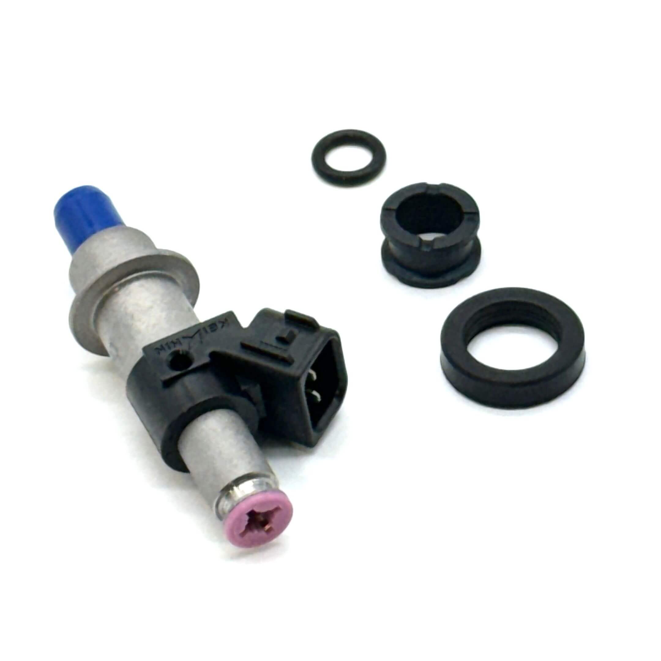 Fuel Injector for Honda Acty Truck HA9 Model 2009-2022, featuring a silver body with black and blue connectors, and accompanying seals.