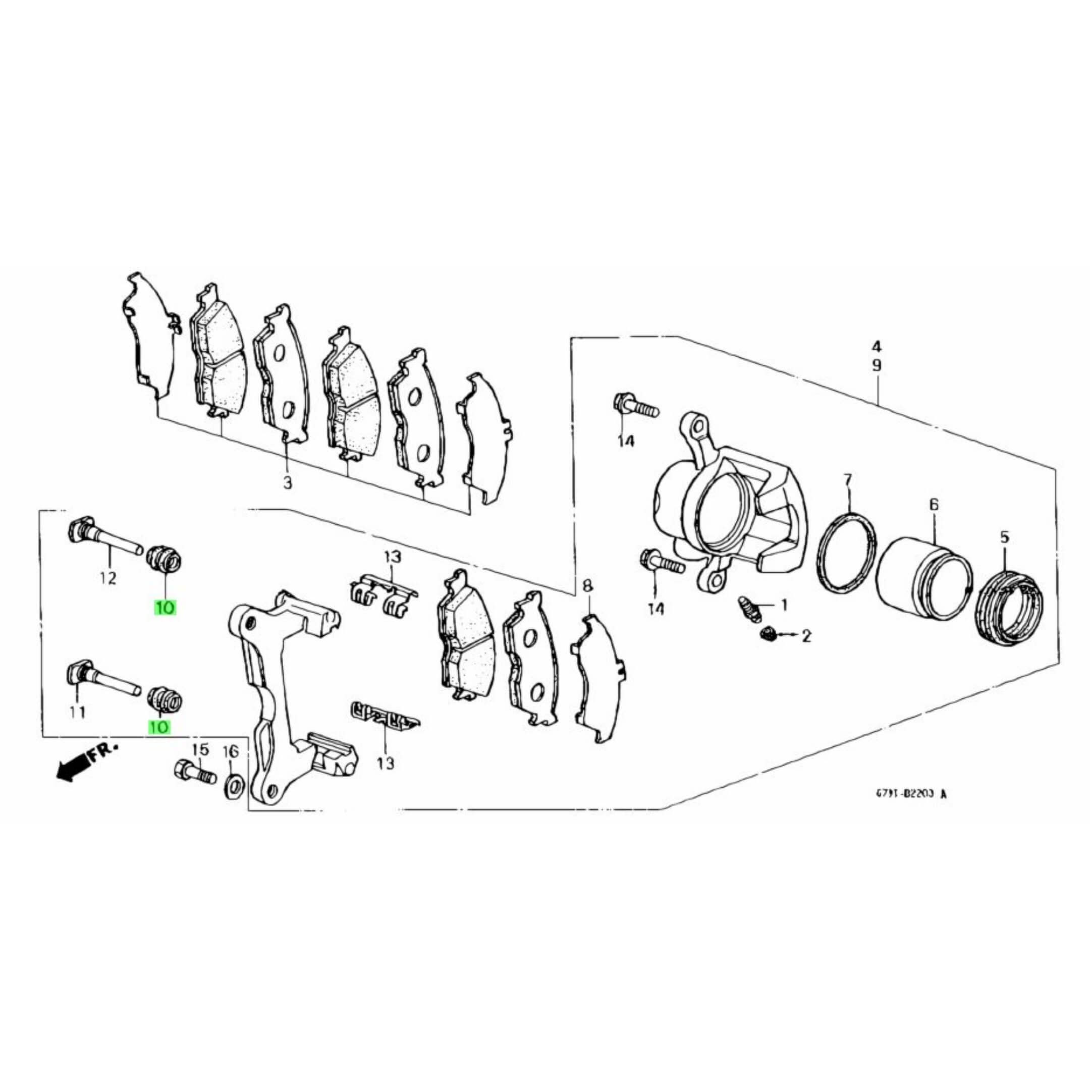 Diagram showcasing Brake Caliper Pin A&B Dust Cover location on Honda Acty HA3, HA4 models (1990-1999).