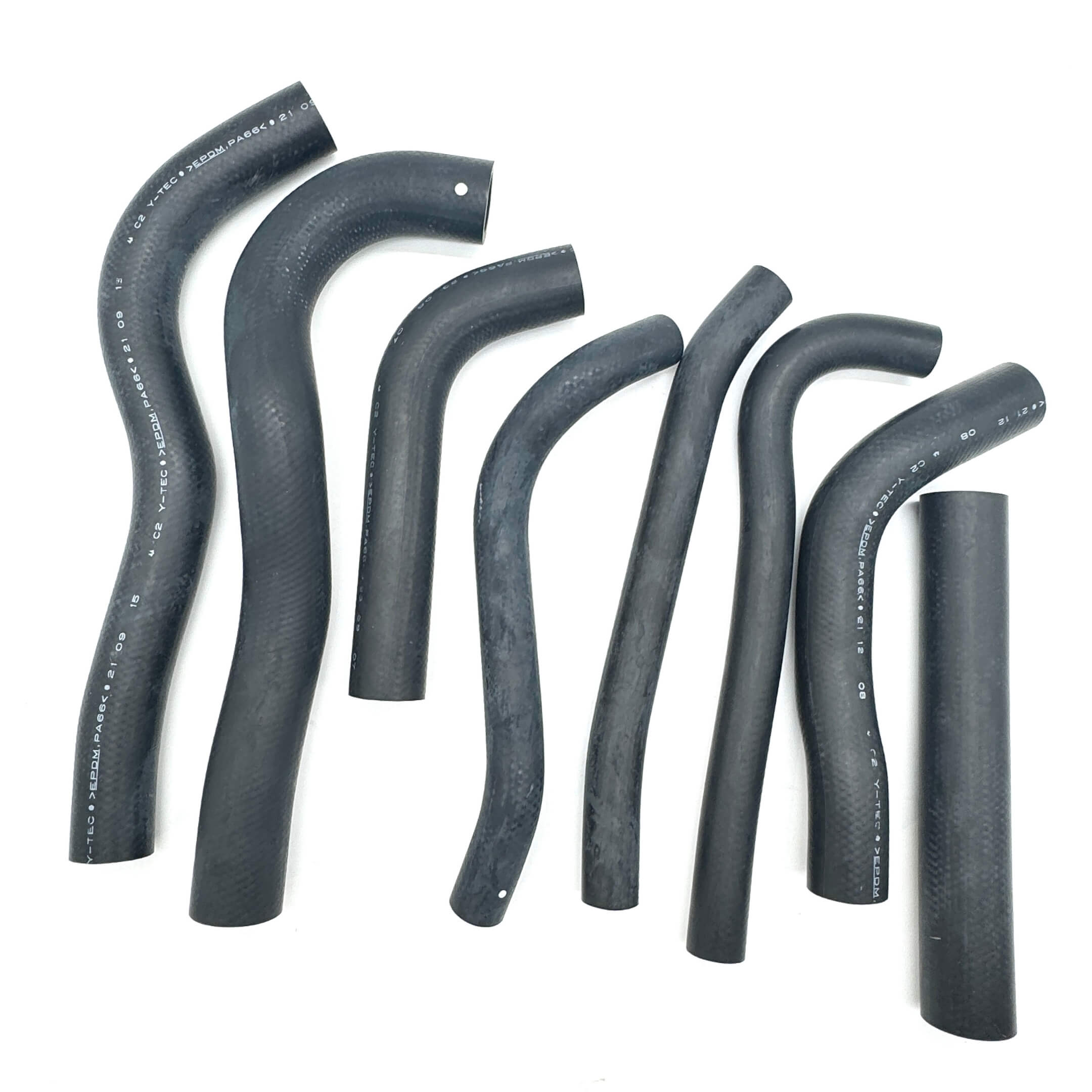Multiple angle arrangement of 8-piece radiator hose set for Honda Acty HA3, HA4, detailing hose textures and quality for engine cooling efficiency.