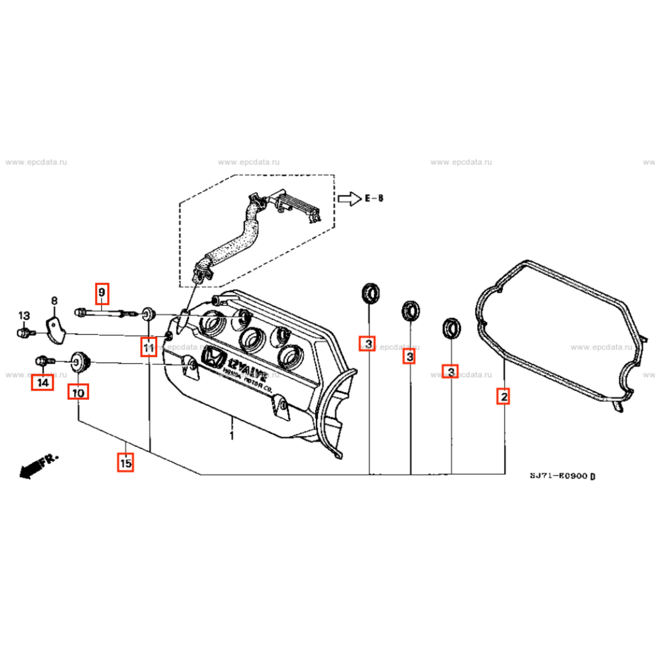 Exploded view diagram showing the valve cover gasket placement in Honda Acty Van HH3, HH4 engine layout.
