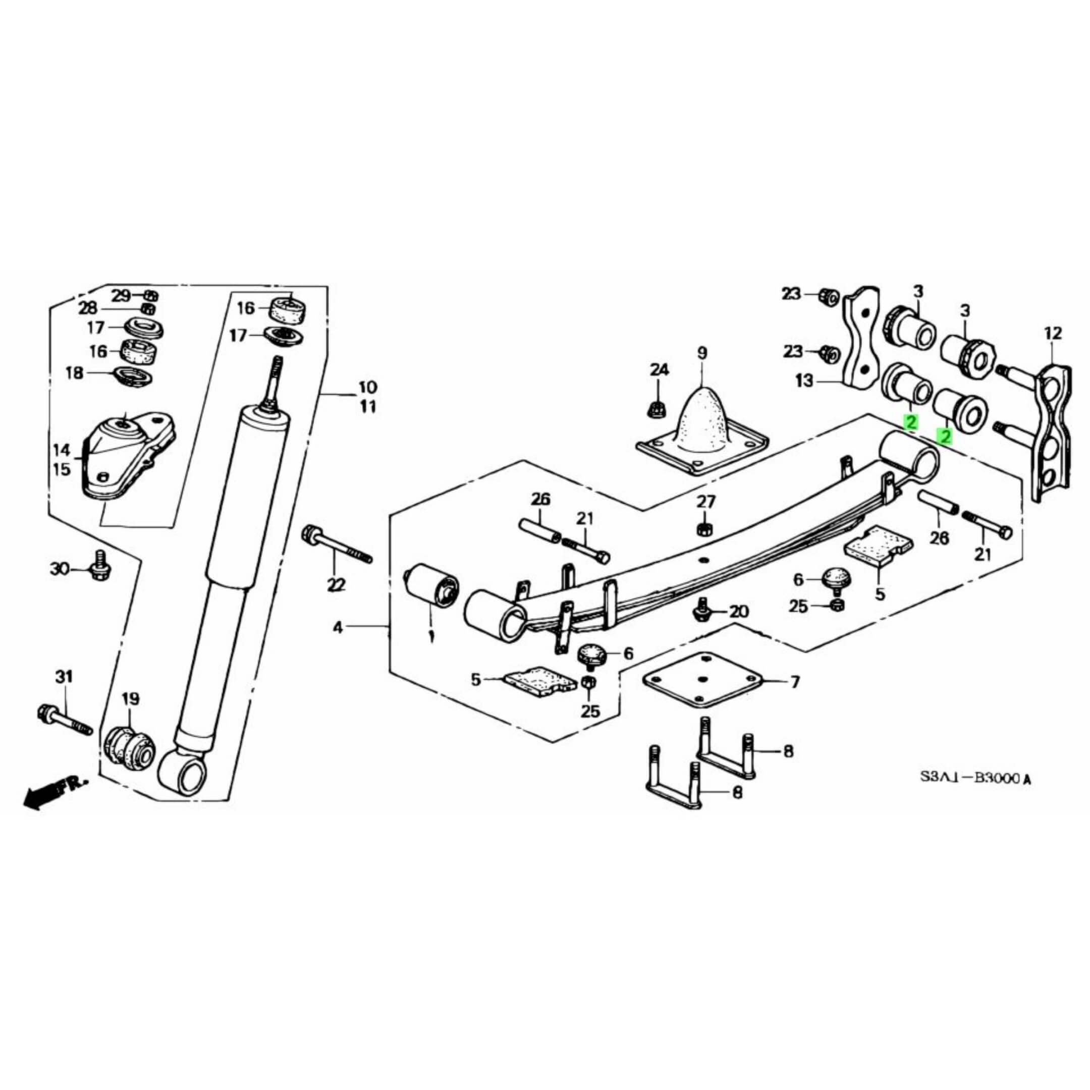 Technical diagram of Rear Bush Set for Rear Leaf Spring, compatible with Honda Acty Truck HA8, HA9 models from 2009-2022.