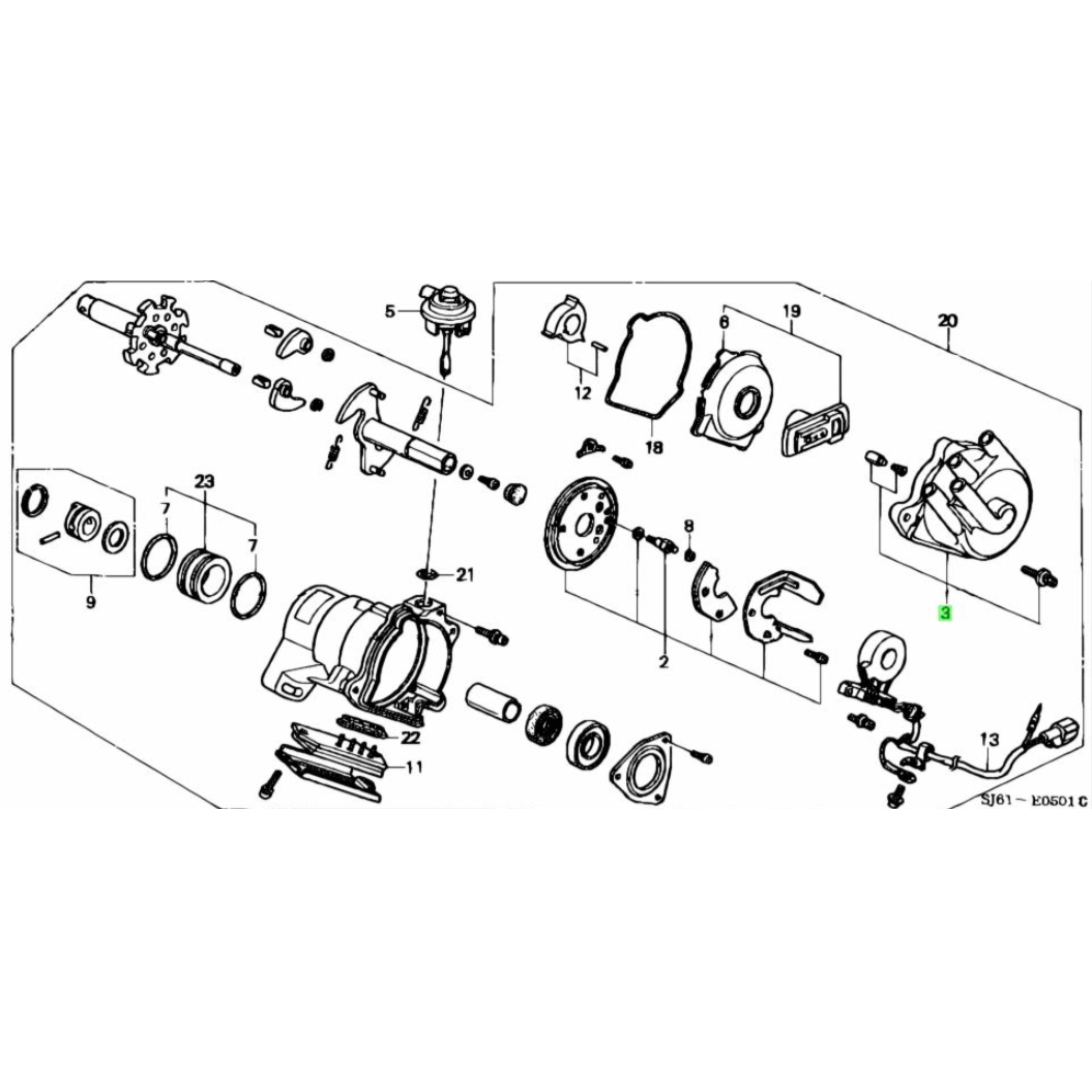 Exploded diagram of Honda Acty Van ignition system components highlighting the distributor cap and rotor placement, compatible with HH3 and HH4 models from 1990 to 1999.