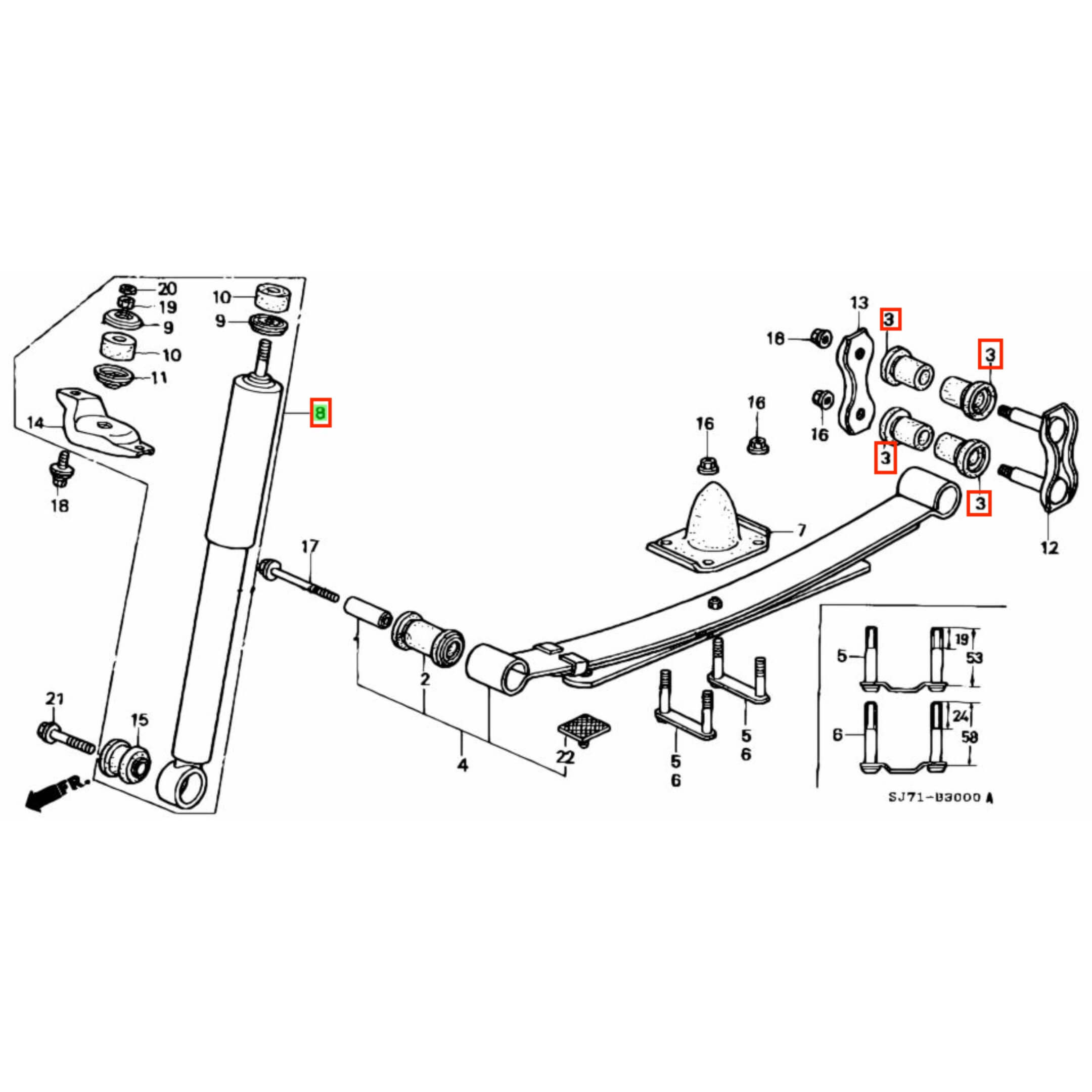 Rear Suspension Kit - 36 Piece - Rear Shackle Bushings and Shocks - Honda Acty Truck HA3, HA4 Models - 1990-1999