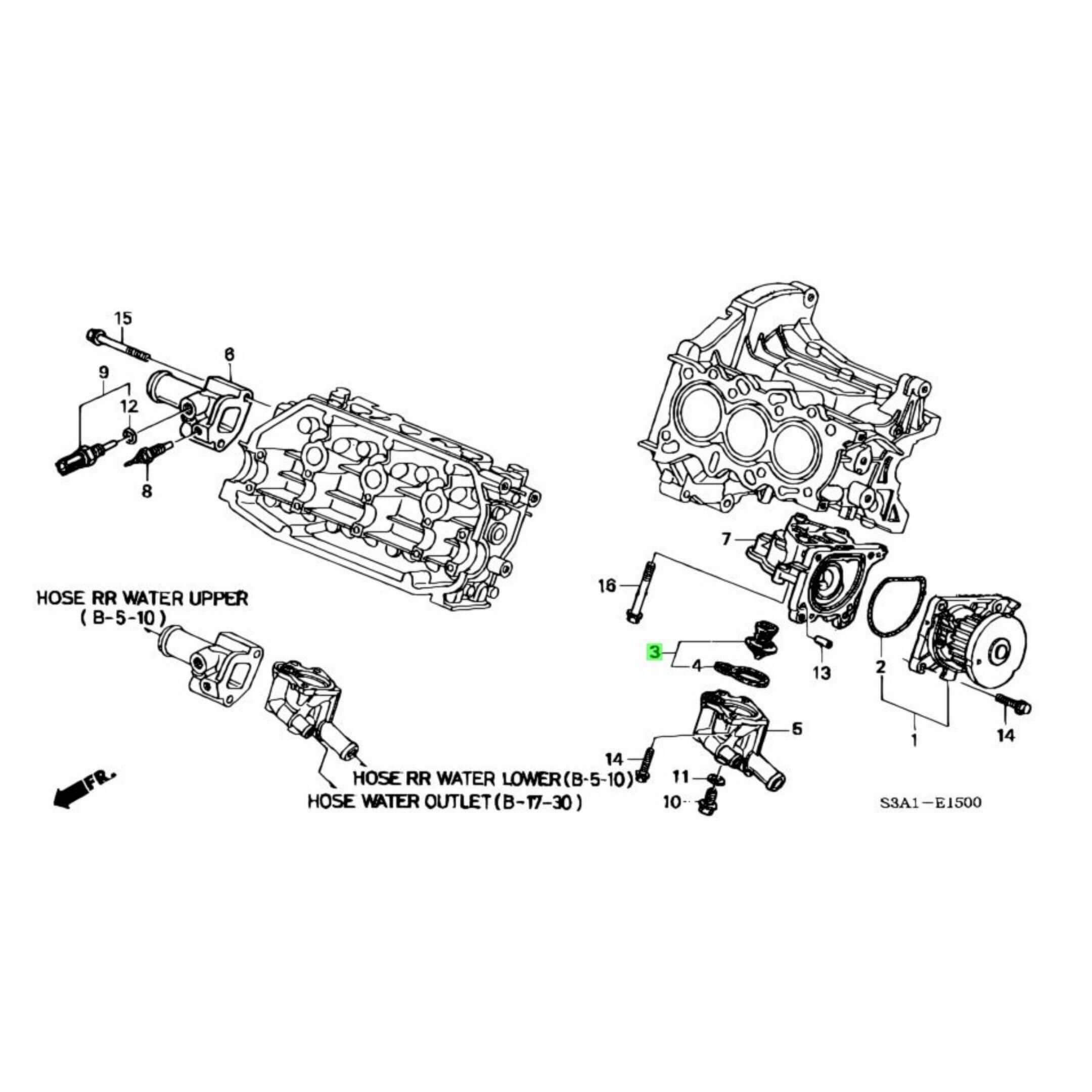 Technical diagram of a thermostat for Honda Acty Truck HA8, HA9 models (2009-2022), showcasing detailed parts and assembly layout.
