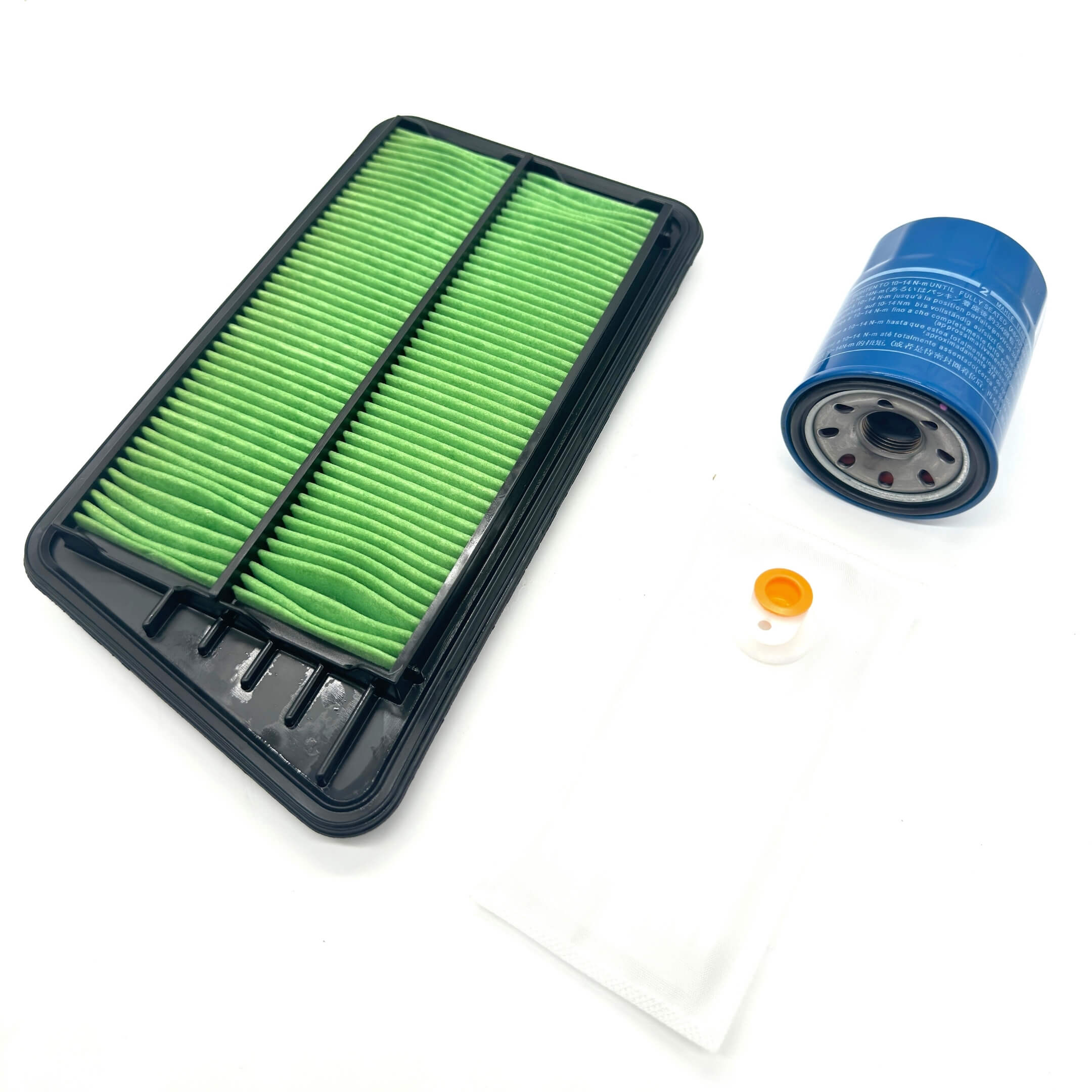3 Piece Filter Package for Honda Acty Van HH5, HH6 Models (1999-2009) featuring a green air filter, blue oil filter, and white fuel filter.