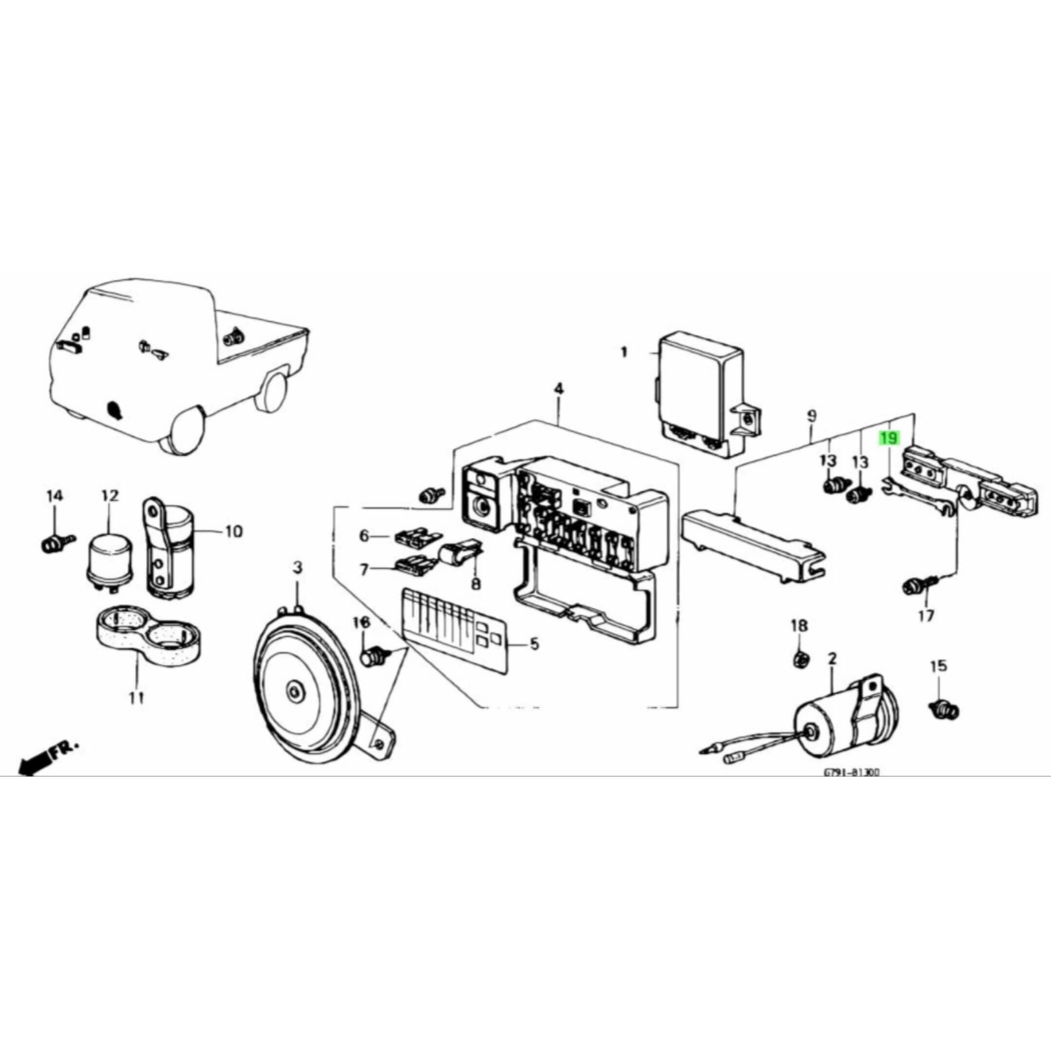 45 Amp Main Fuse for Honda Acty Truck Models HA3, HA4 (1990-1999) with detailed diagram of fuse box components.