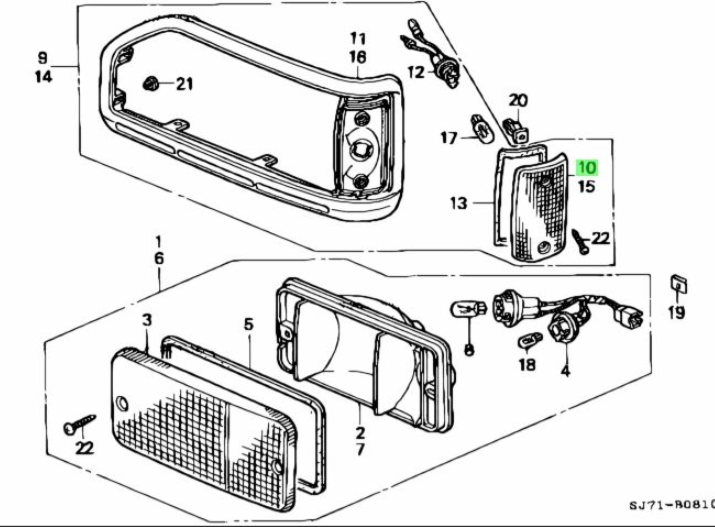 Parts diagram showing front right turn signal assembly for Honda Acty Van HH3, HH4 models (1990-1999) - includes turn signal lens and related components