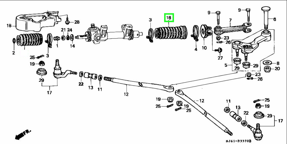 Parts diagram showing rear side steering boot and related components for Honda Acty Van HH3, HH4 models (1990-1999)