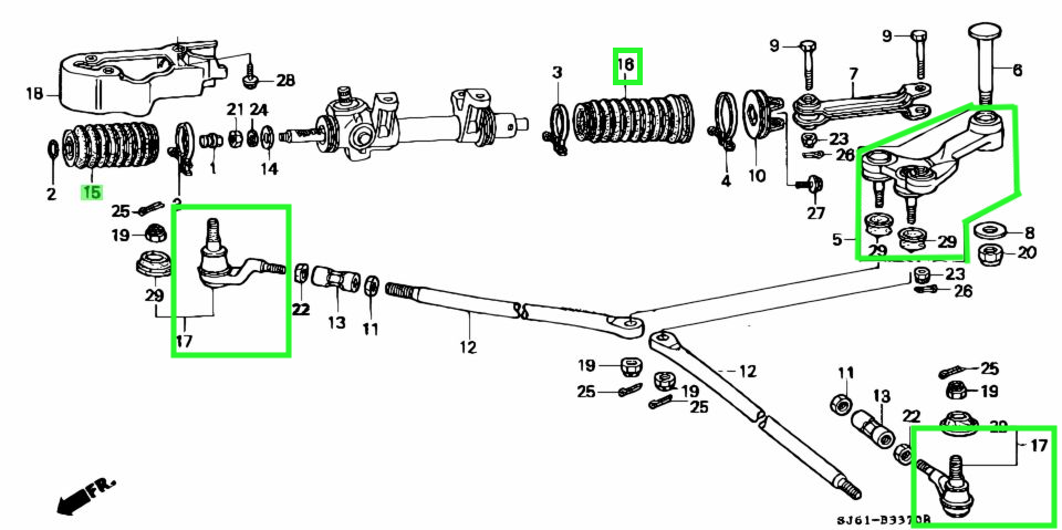 Diagram of Honda Acty HH3, HH4 steering and suspension parts, featuring the 19-piece upgrade kit with steering boot, strut rod bushing, outer tie rod set, and center steering link for models 1990-1999.