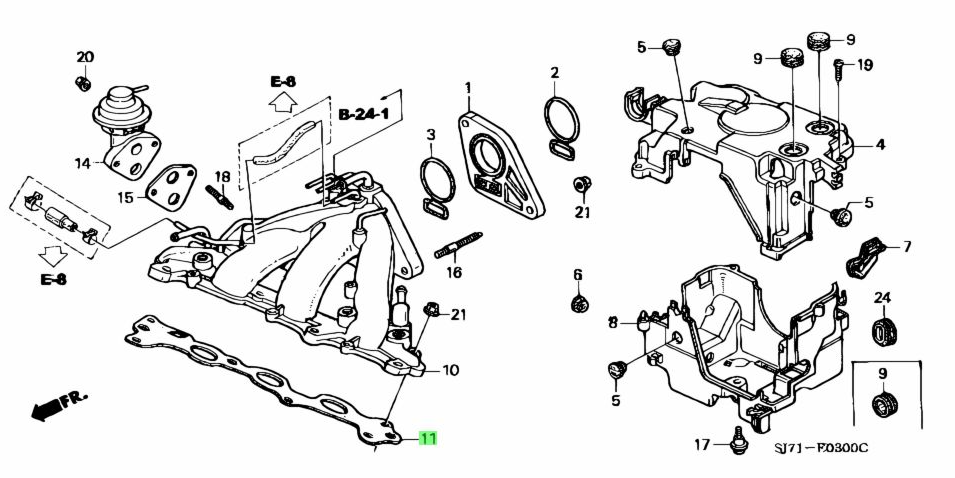 Intake manifold system parts diagram for Honda Acty Truck HA3, HA4 models (1990-1999) - detailed illustration showing the intake manifold gasket and related components