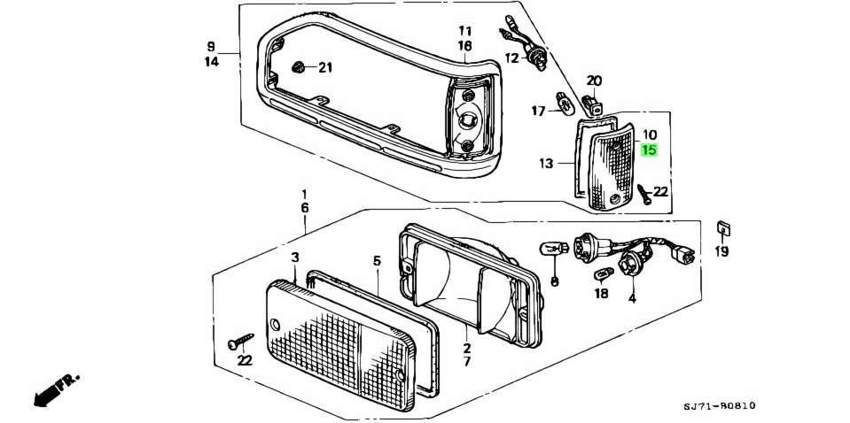 Parts diagram showing front left turn signal assembly for Honda Acty Van HH3, HH4 models (1990-1999) - includes turn signal lens and related components