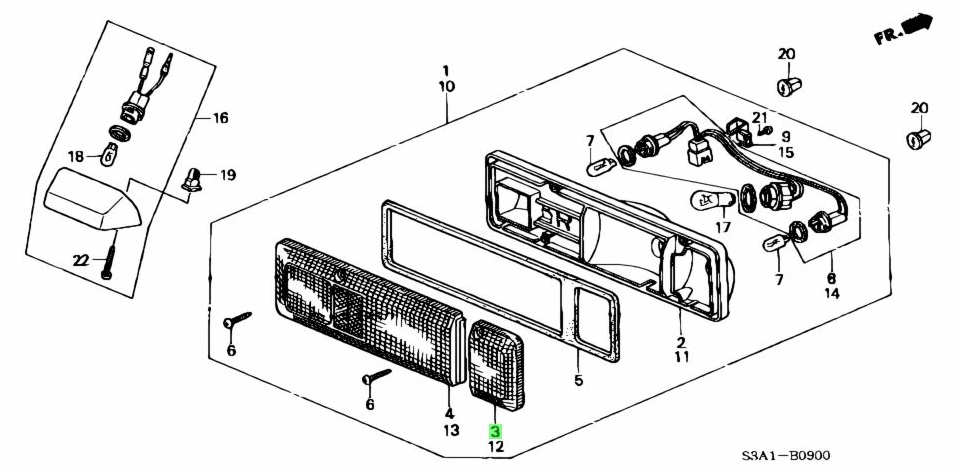 Exploded view of Honda Acty Truck HA3, HA4 models (1990-1999) rear left turn signal assembly, highlighting the rear left turn signal lens and related components.