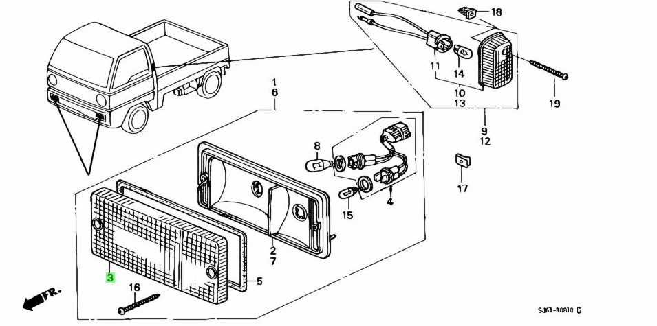 Technical diagram illustrating the placement and assembly of the right-side front bumper light lens cover for Honda Acty Van HH1, HH2, HH3, HH4 models (1988-1999), including part numbers and installation details.