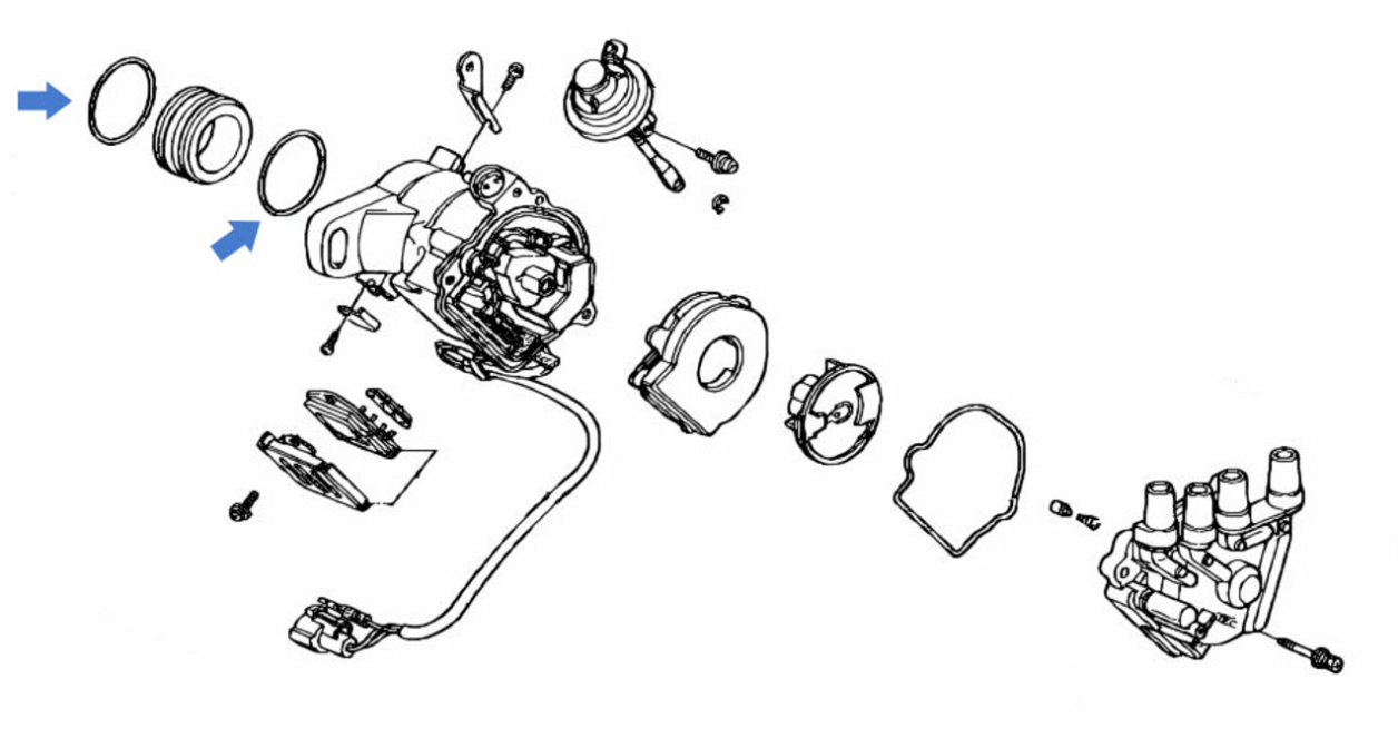 Honda Acty Truck HA3, HA4 (1990-1999) Distributor O-Ring Seal Diagram - Exploded view of distributor components with highlighted O-ring placement