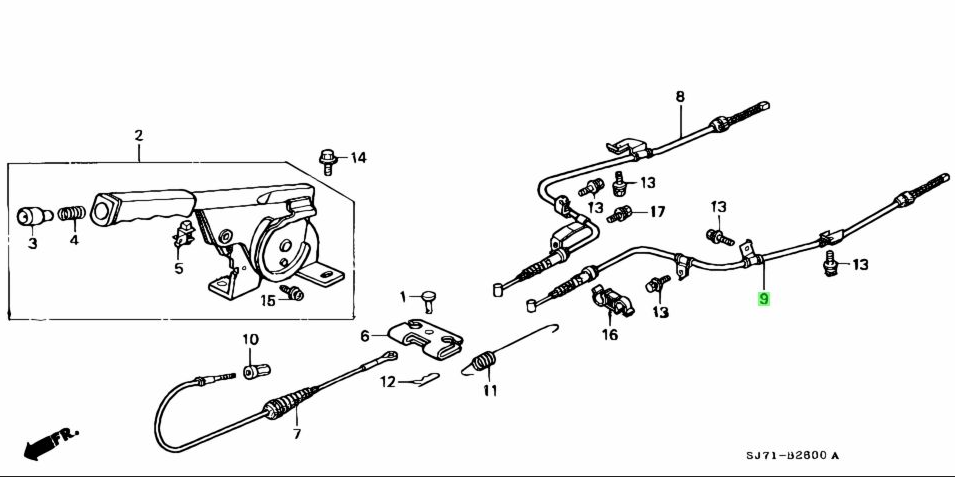 Detailed diagram of Honda Acty Van HH3, HH4 parking brake assembly with highlighted rear LH wheel cable, illustrating precise placement and integration with braking system.