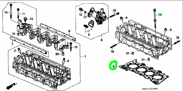 Honda Acty HH3 HH4 1990-1999 Head Gasket & Bolt Set - Engine Diagram Highlighting Cylinder Head Bolt Location.