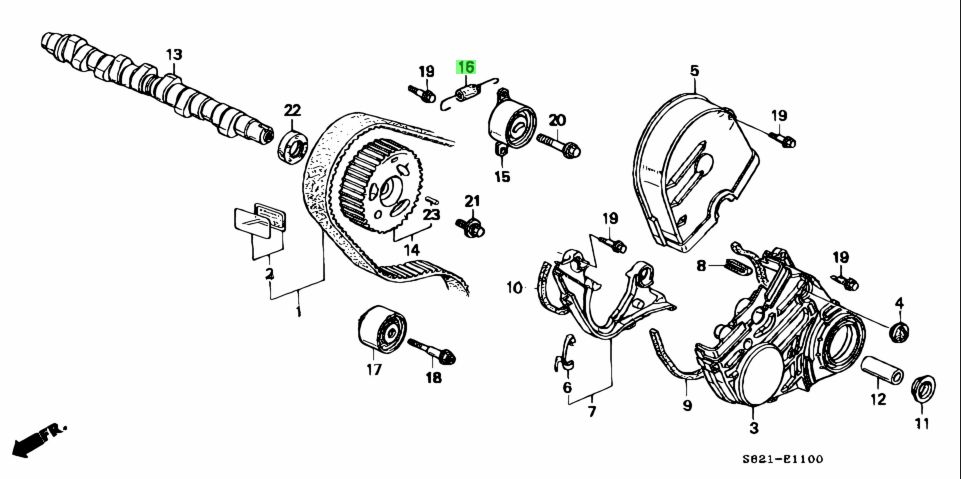 Exploded diagram featuring the Timing Belt Tensioner Spring (highlighted), essential for maintaining engine timing on Honda Acty HH3, HH4 models.