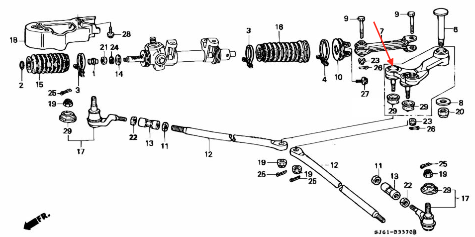 Exploded diagram highlighting the location of the Center Steering Link Bushing in the steering assembly for Honda Acty Van HH3, HH4 models (1990-1999).