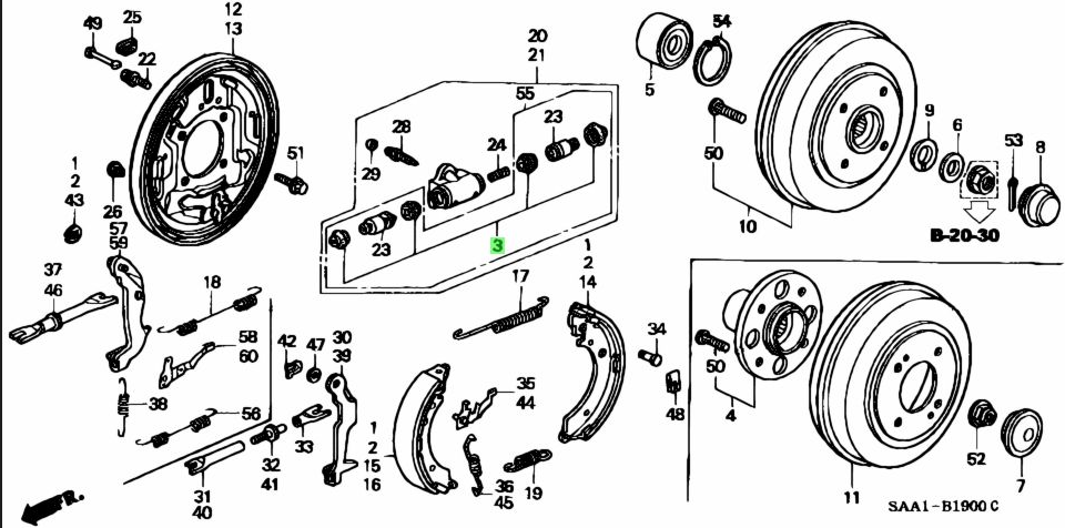 Exploded diagram of the rear brake assembly for Honda Acty Van HH3, HH4 (1990-1999), illustrating the positioning of components included in the Wheel Cylinder Rebuild Kit.