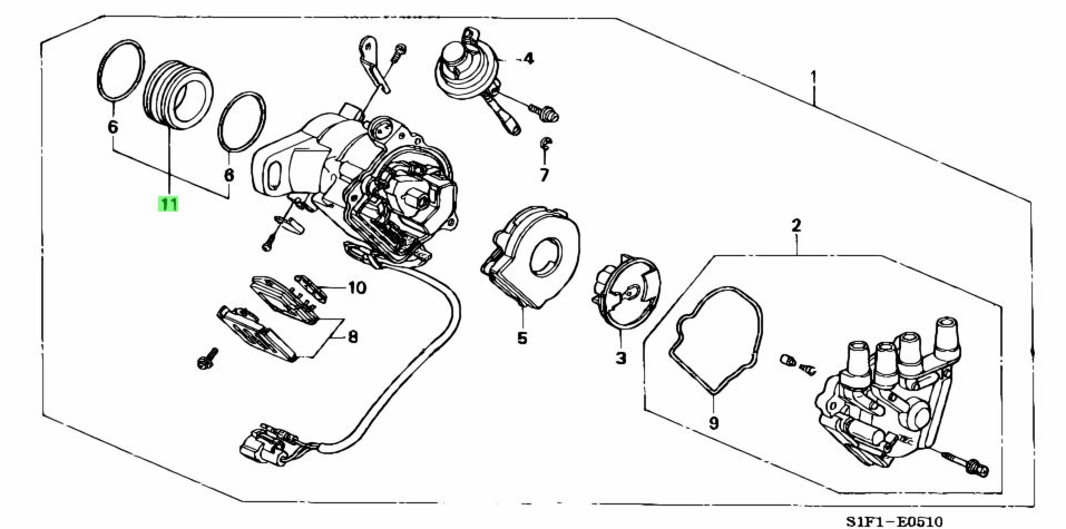 Technical diagram showing part number 11, representing the Distributor Collar and O-Rings in the assembly for Honda Acty (1990-1999).