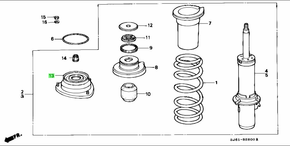 Exploded diagram of Honda Acty front shock absorber assembly for HH3, HH4 models (1990-1999)