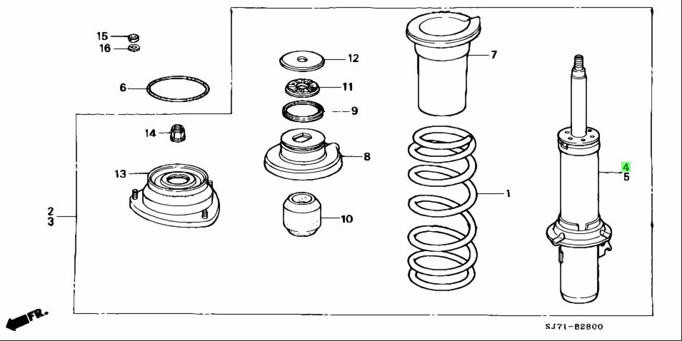 Exploded diagram view of Honda Acty front strut assembly, identifying components and assembly order for models HH3, HH4.