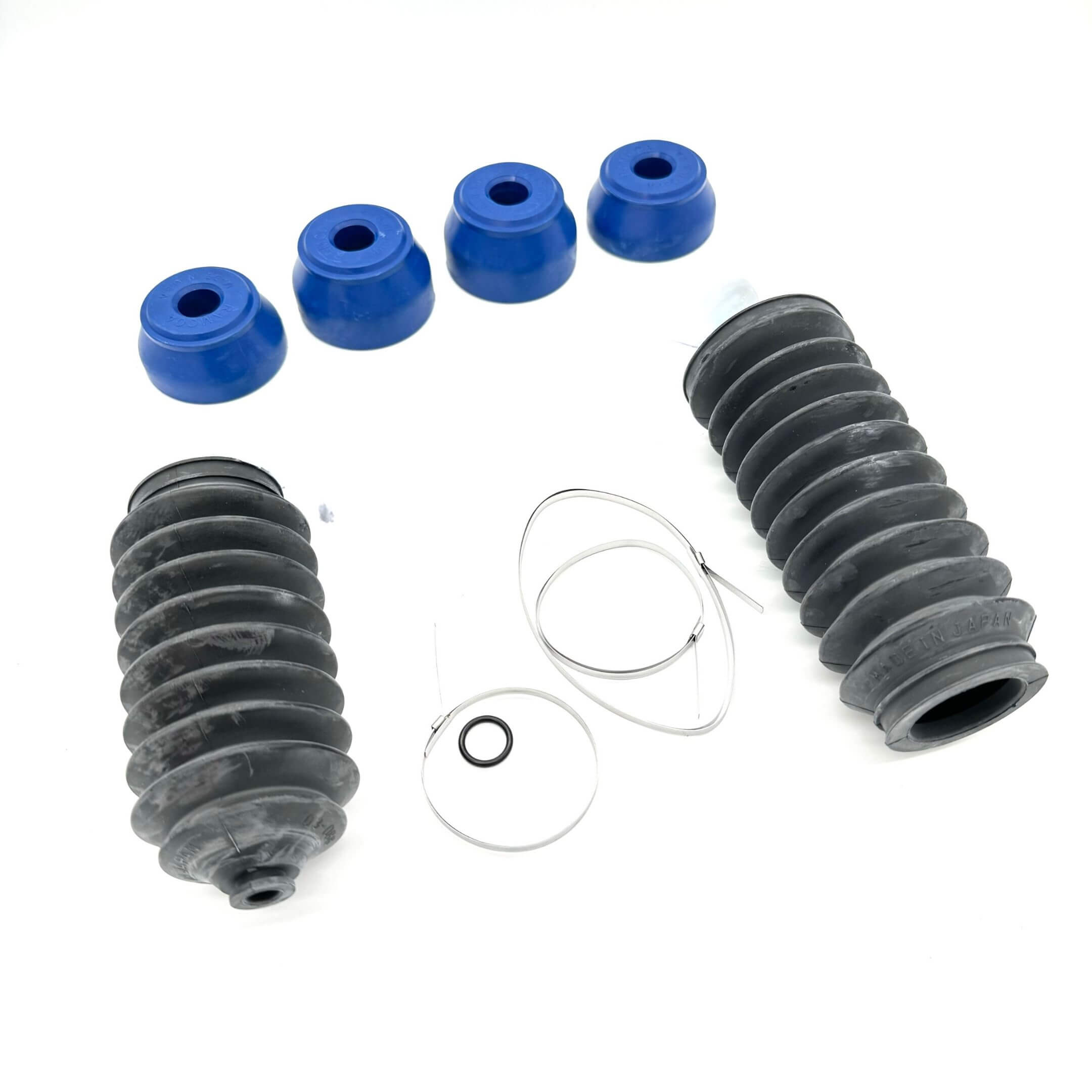 Honda Acty HA3 HA4 1990-1999 steering suspension upgrade kit parts, blue polyurethane bushings, black steering rack boots, tie rod bellows, clamps, and O-ring