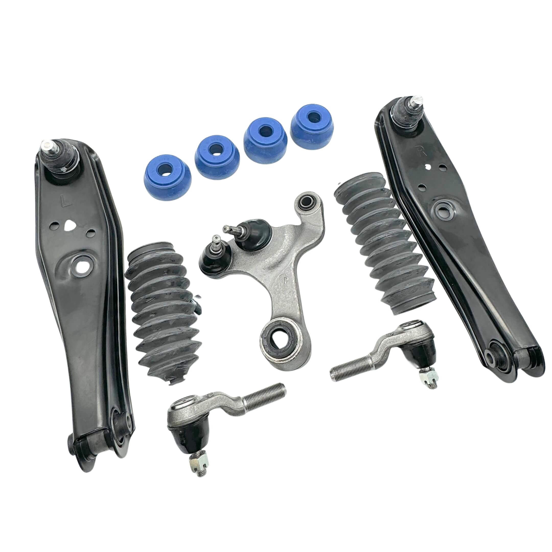 Steering & suspension upgrade kit for Honda Acty HA3 HA4 1990-1999 with front lower control arms, center link arm, tie rod ends, steering rack boots, and blue polyurethane bushings on white background