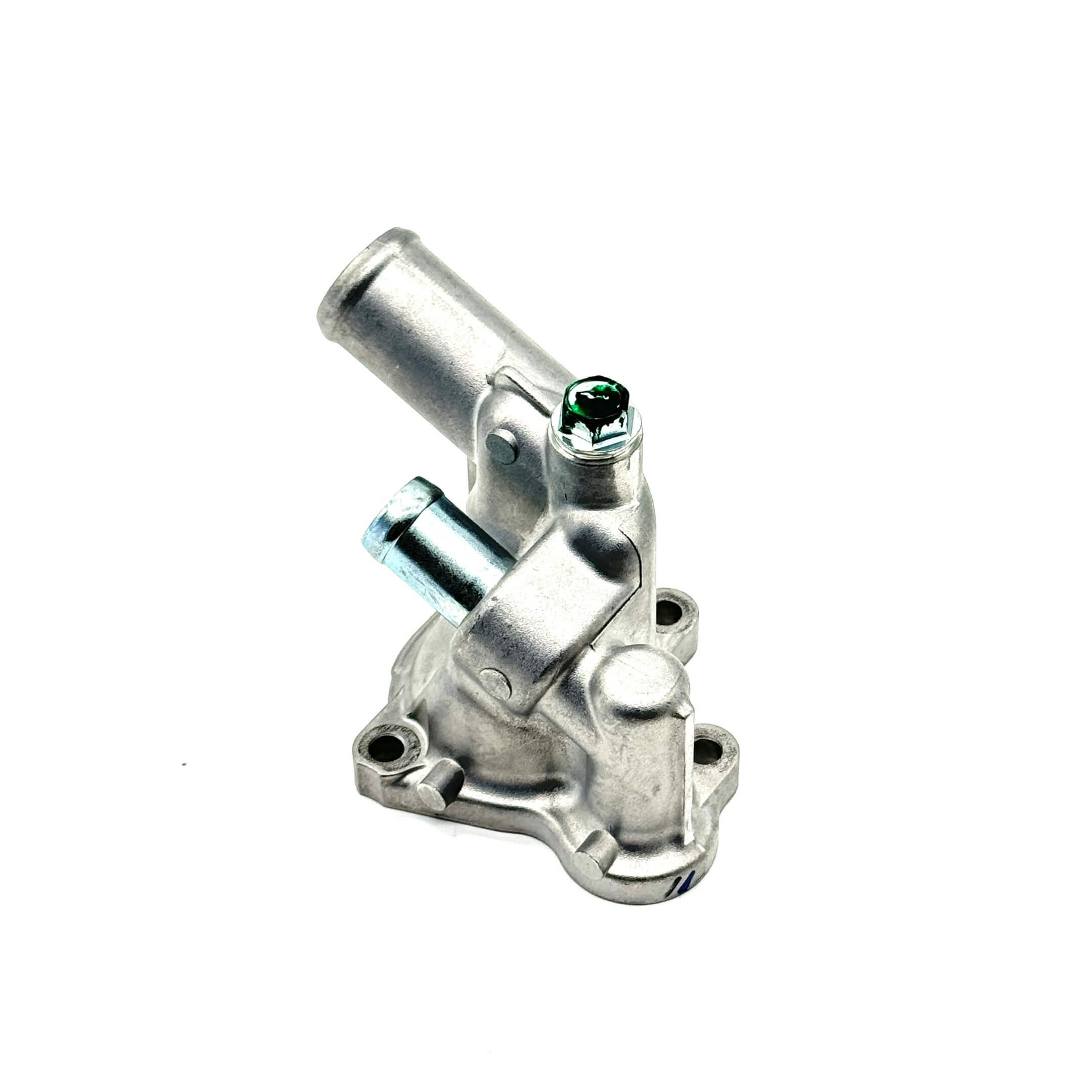 Thermostat Housing for Honda Acty Truck HA8, HA9 models (2009-2022), featuring a durable silver metal design with mounting holes and hose connections.