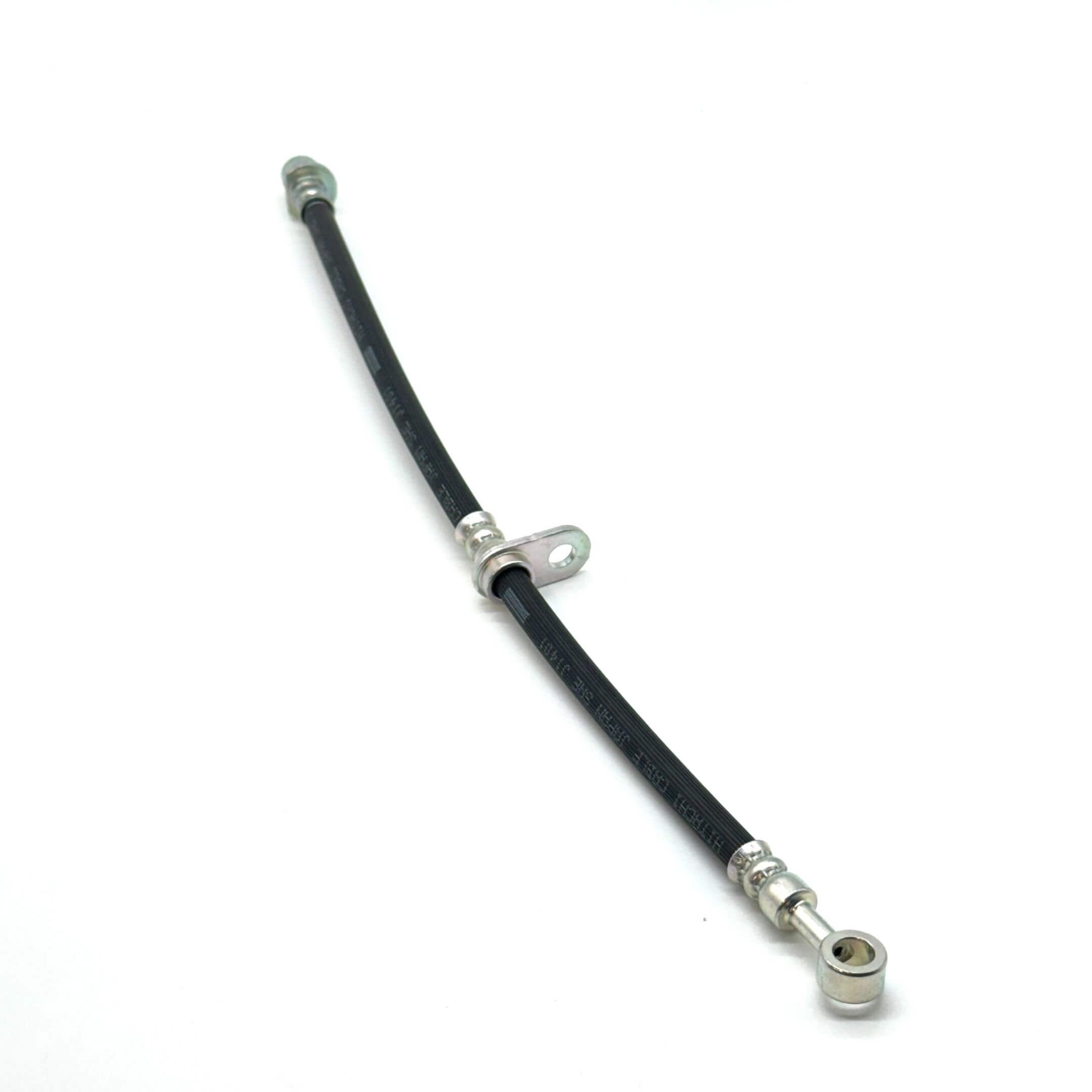 Front Brake Hose - Left Side for Honda Vamos Van HM1, HM2 Models 1999-2018, black rubber with metal fittings.