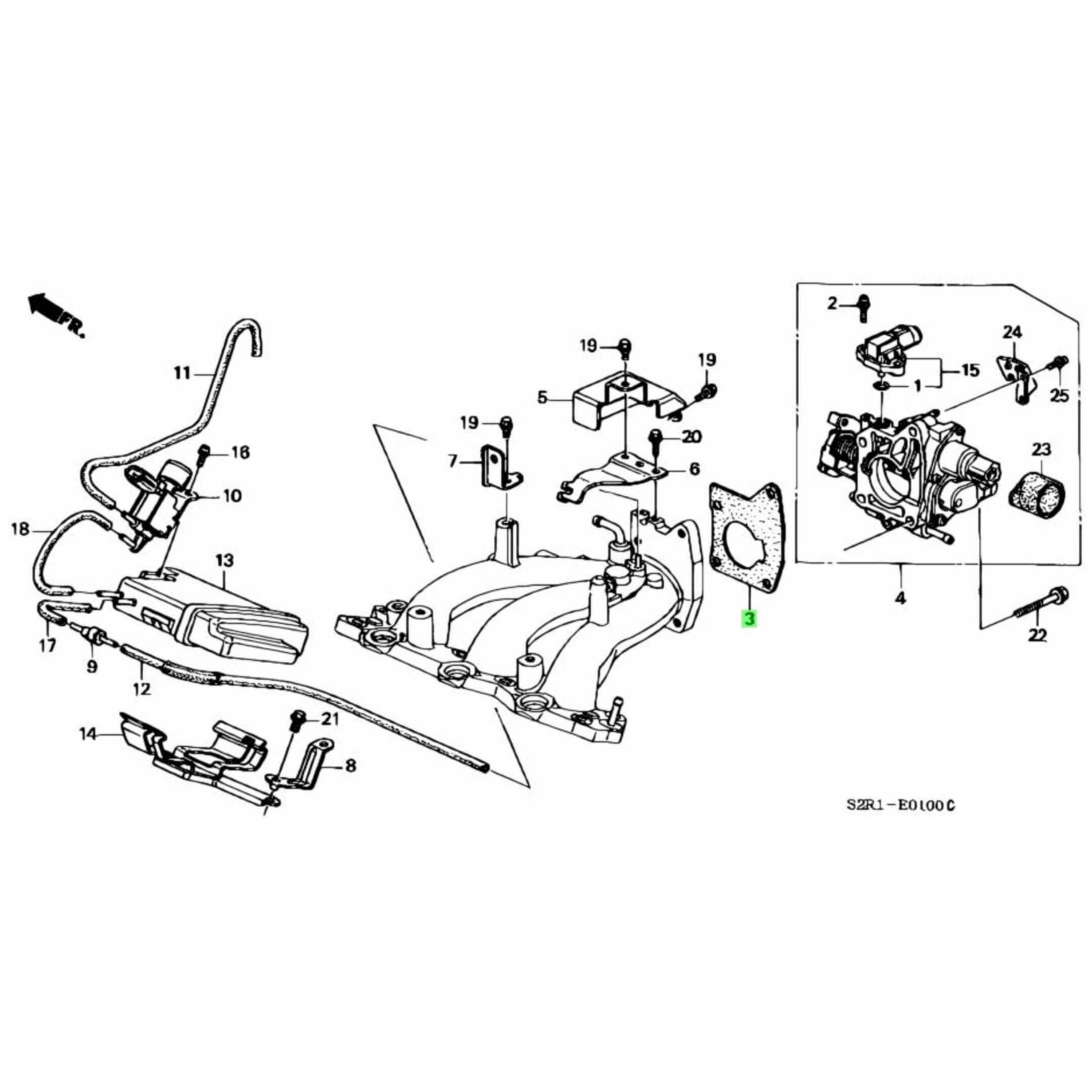 Technical diagram of Throttle Body Gasket for Honda Acty Truck HA8, HA9 Models (2009-2022), featuring detailed parts schematic.