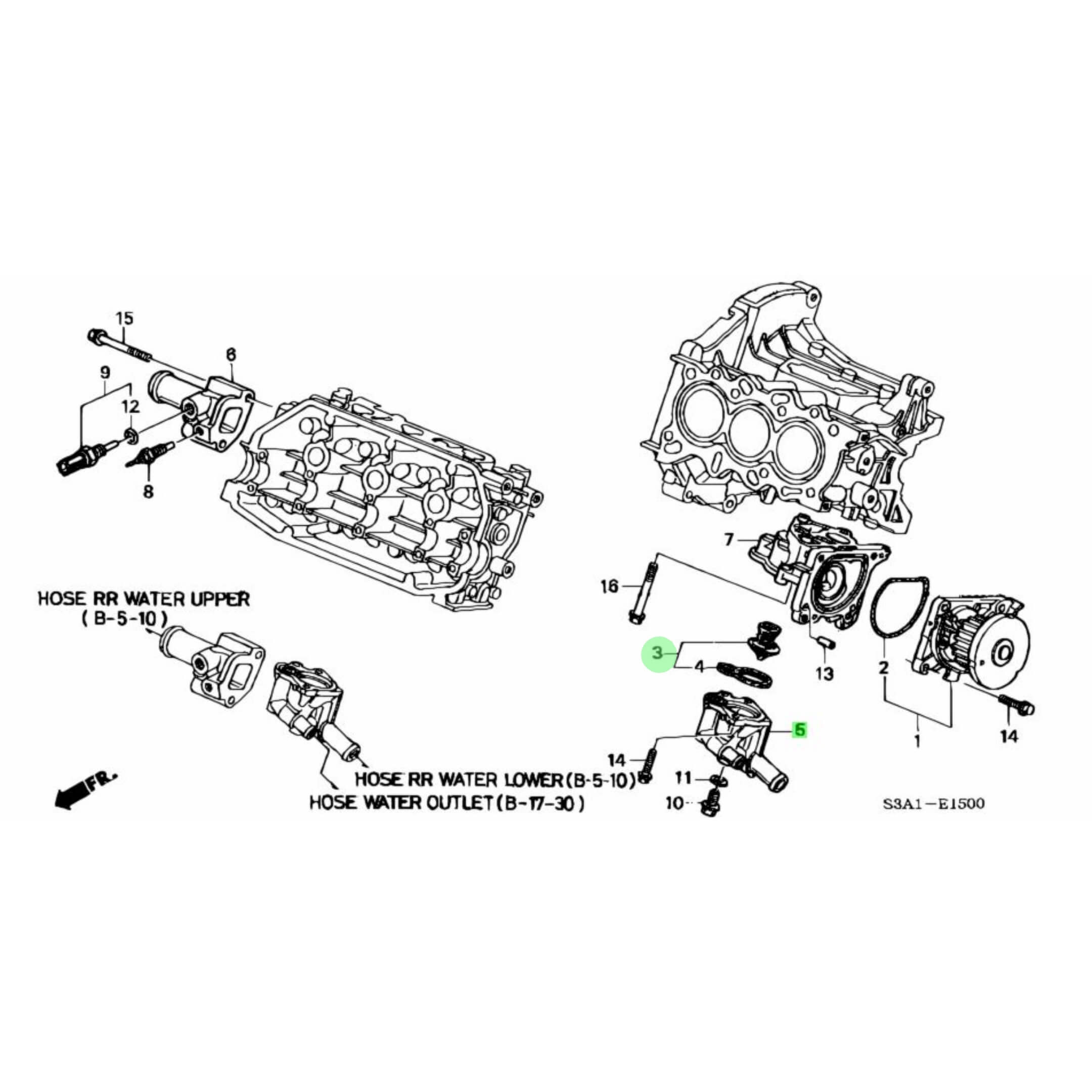 Technical diagram of Thermostat & Housing for Honda Acty Truck HA8, HA9 Models 2009-2022, showcasing detailed components and assembly layout.