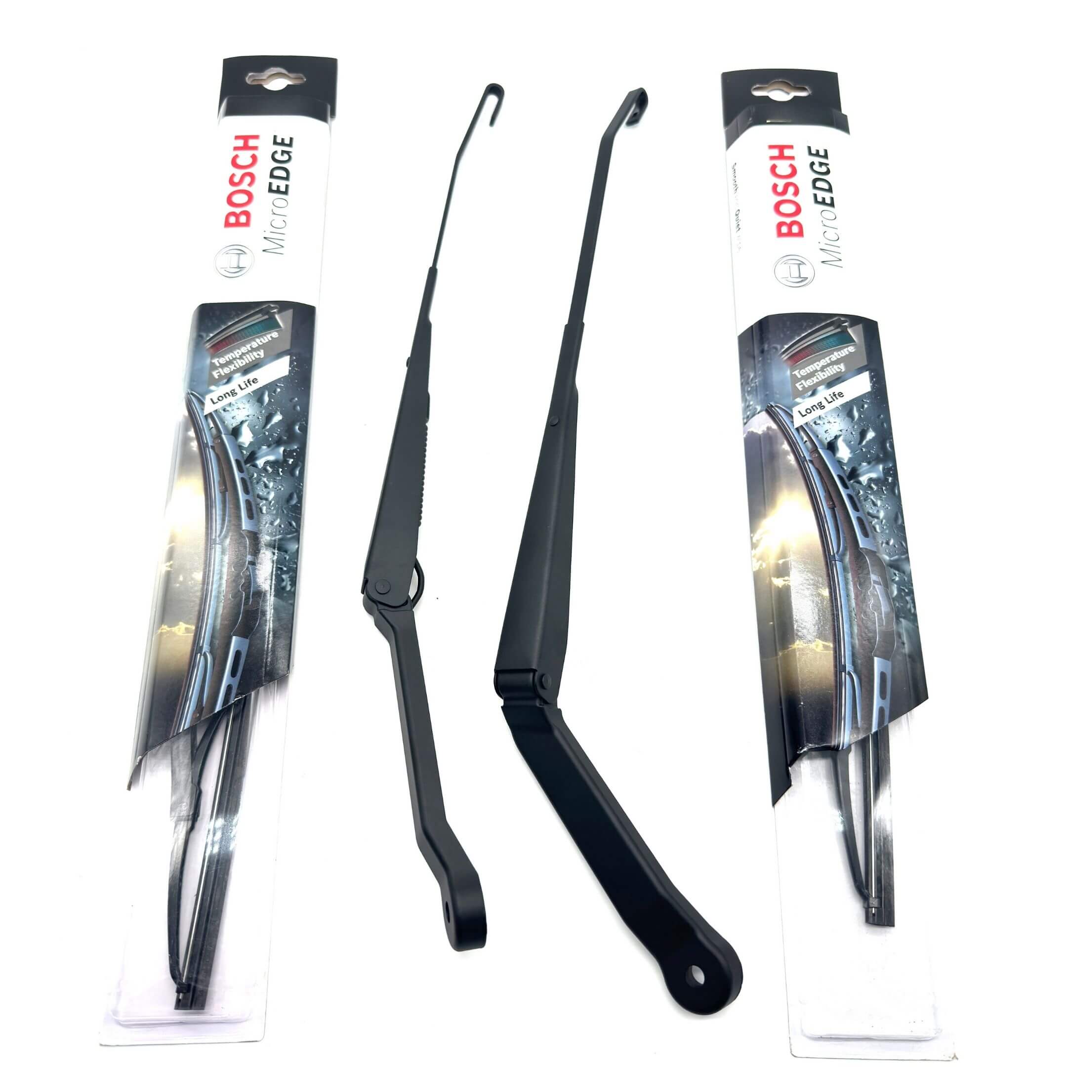 Honda Wiper Arms and Bosch Microedge Windshield Wipers for Honda Acty Truck HA8, HA9 Models (2009-2022), featuring sleek black design and durable construction.