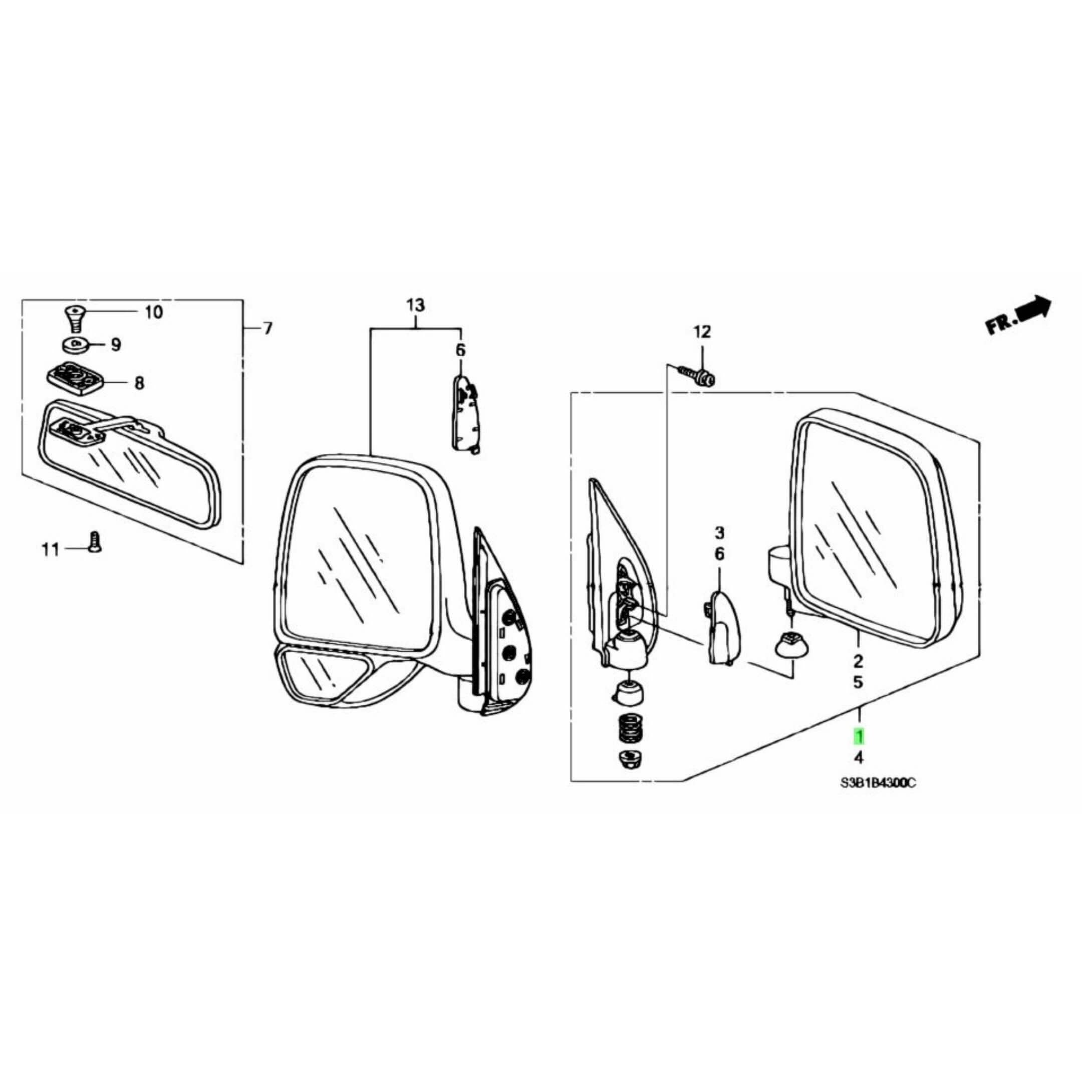 Technical diagram of a driver-side door mirror for Honda Acty Truck HA8, HA9 models (2009-2022), showcasing assembly components and features.